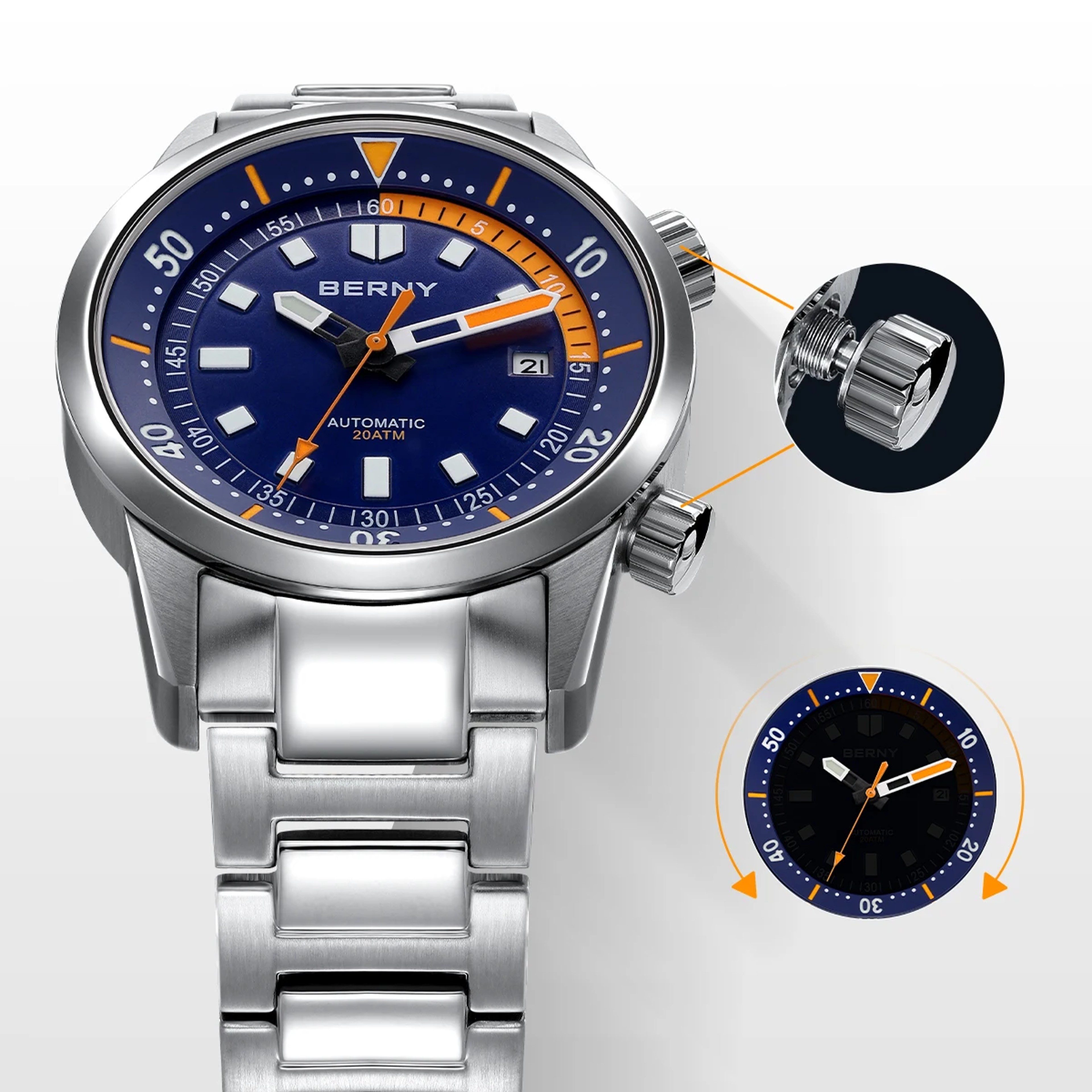 Automatic Dive Watch 20ATM Sapphire Stainless Steel Luminous Mens Watch 1