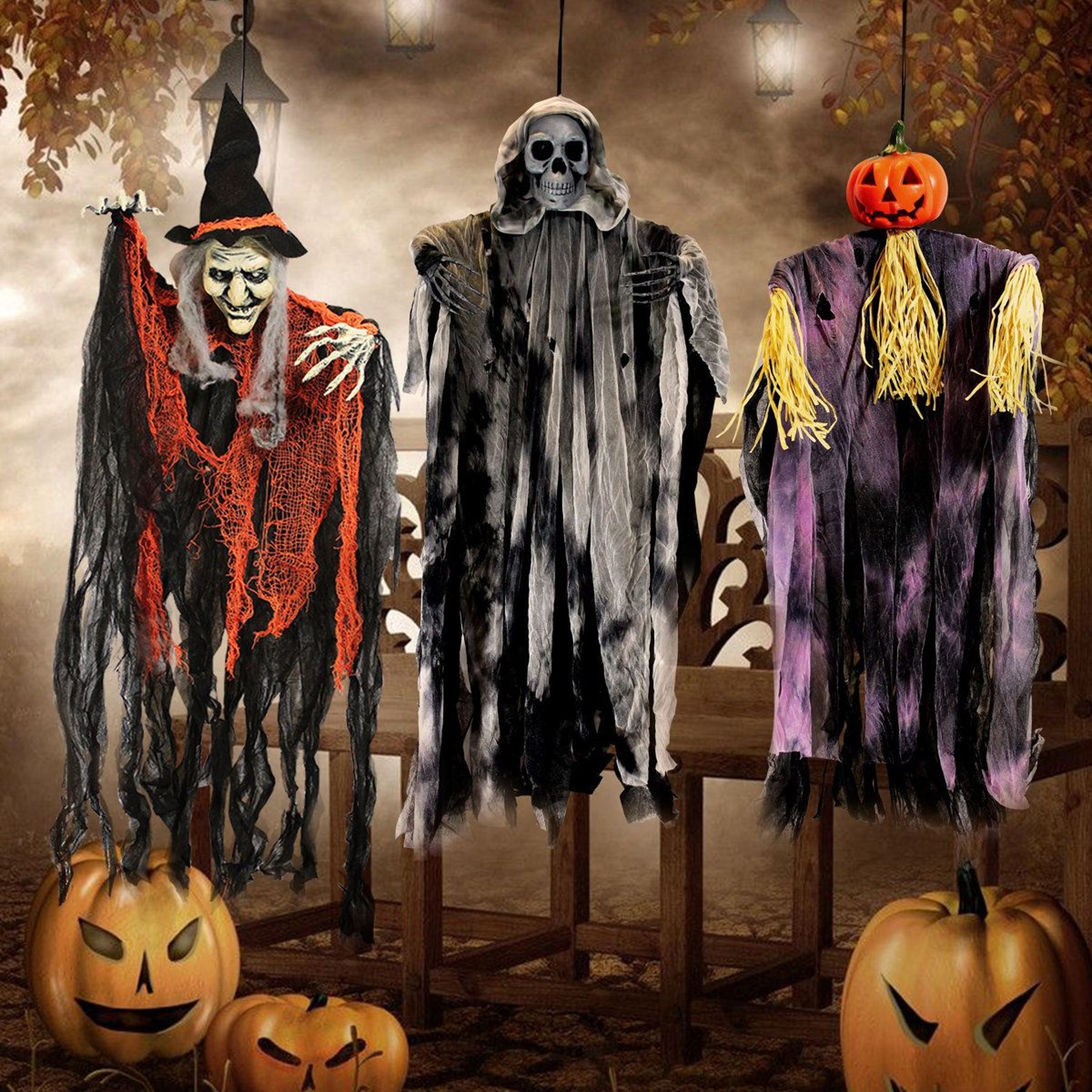 Hanging Halloween Decorations With Witch Grim Reaper And Pumpkin Scarecrow 0