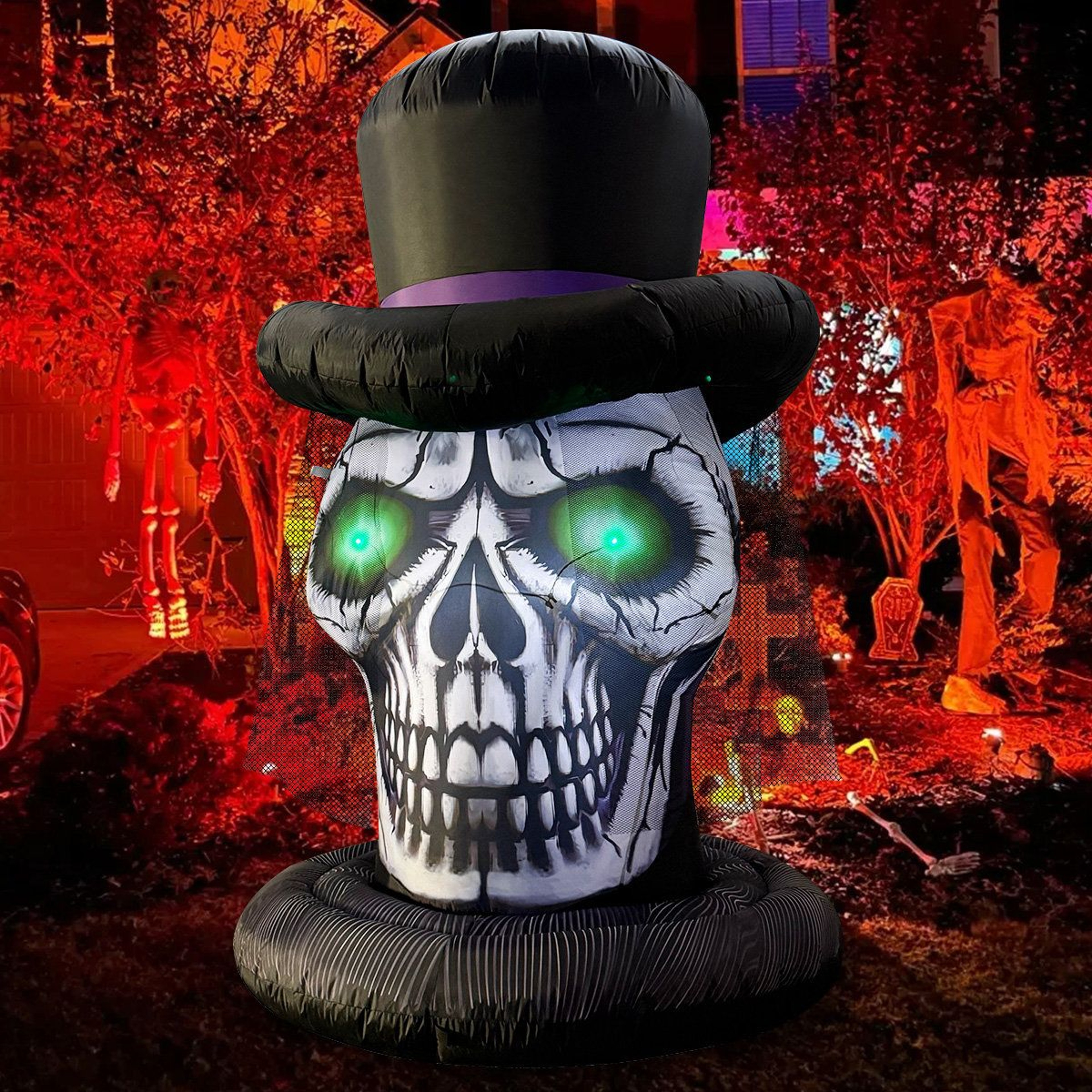 Halloween Inflatable Skeleton Head With LED Lights And Lace Veil Hat 0