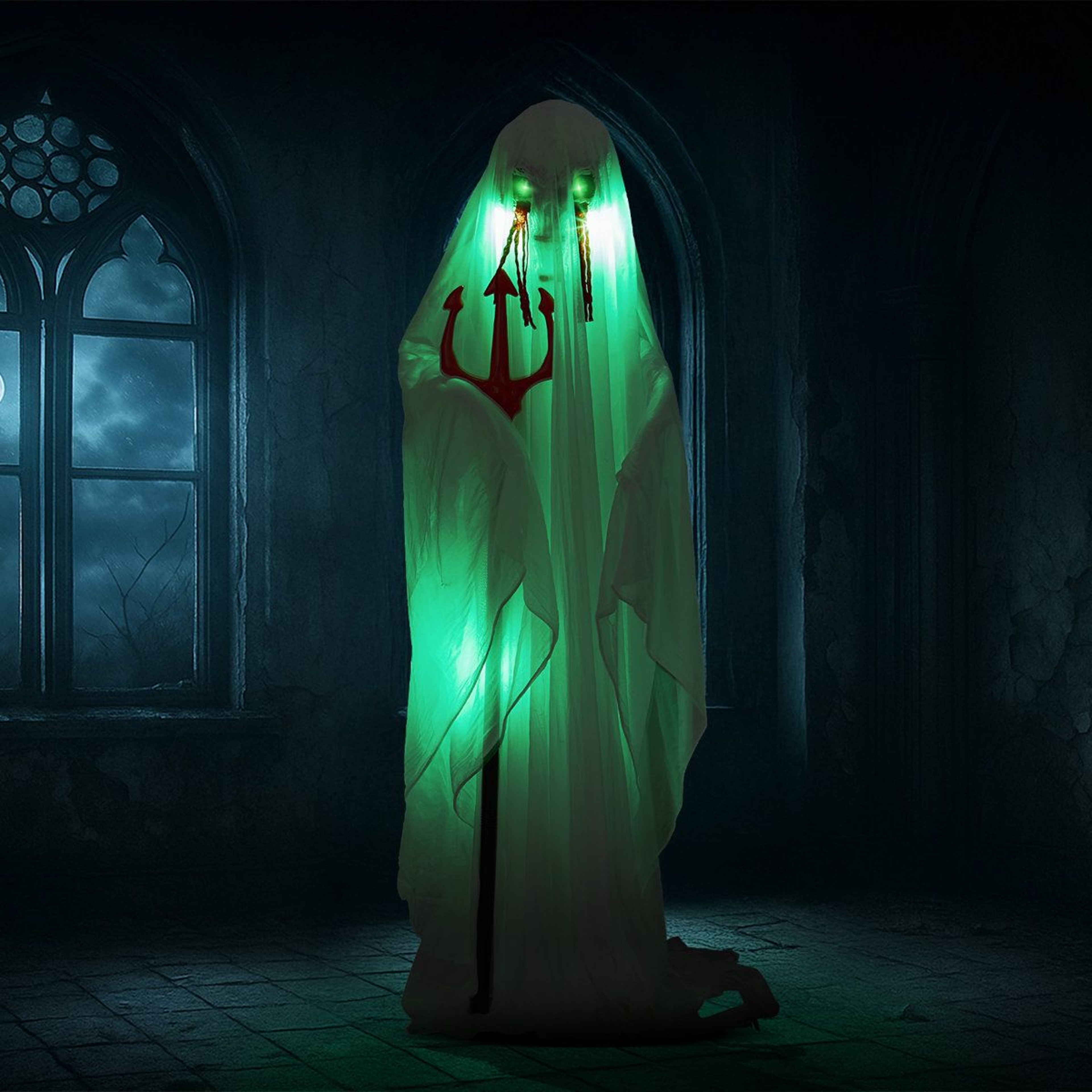 Animated Halloween Ghost Decoration With Red LED Lights And Trident 2