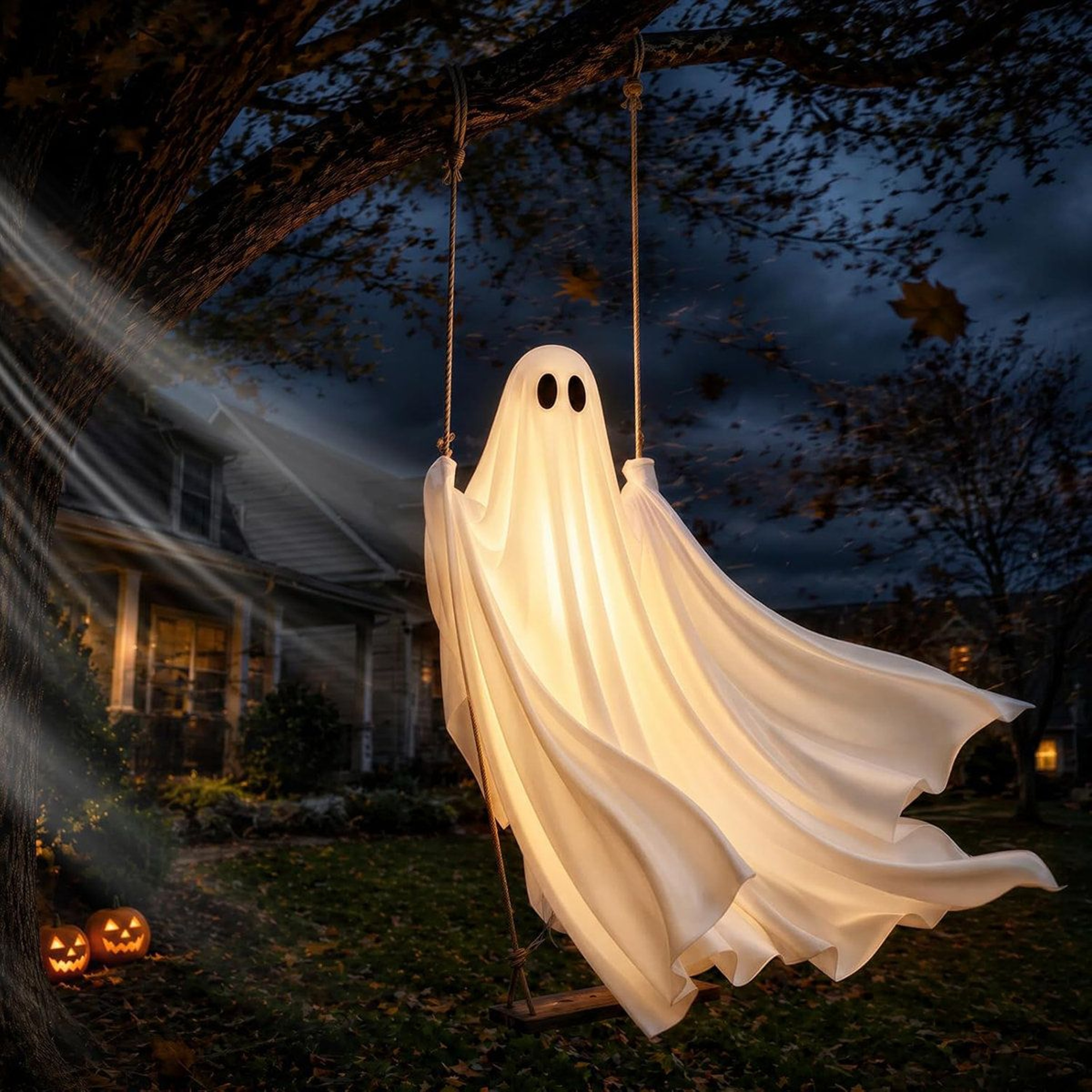 Large Hanging Swing Ghost Halloween Decoration With Battery Powered LED Lights 0