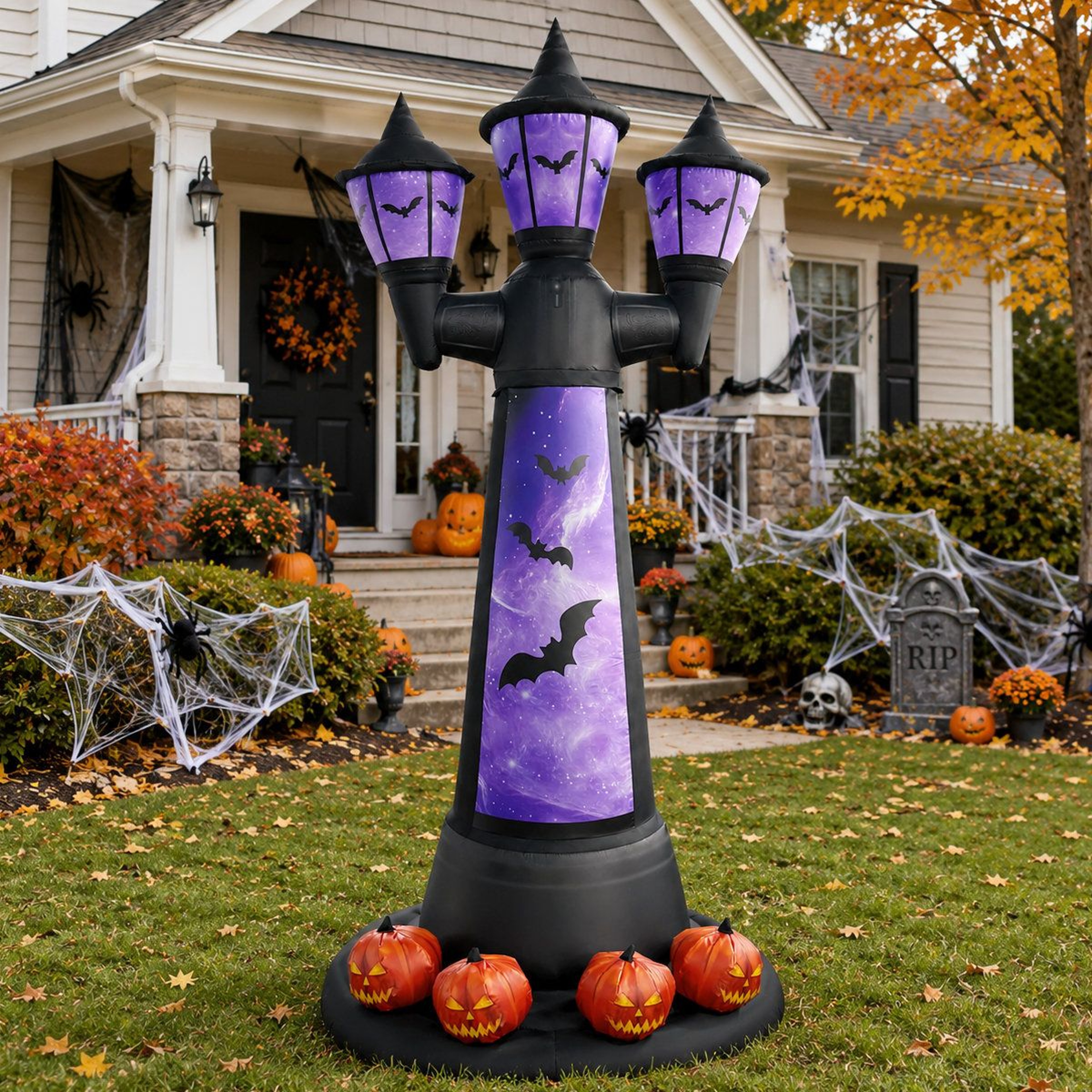 Lighted Halloween Inflatable Bat Lamp Post With Pumpkin Base 2
