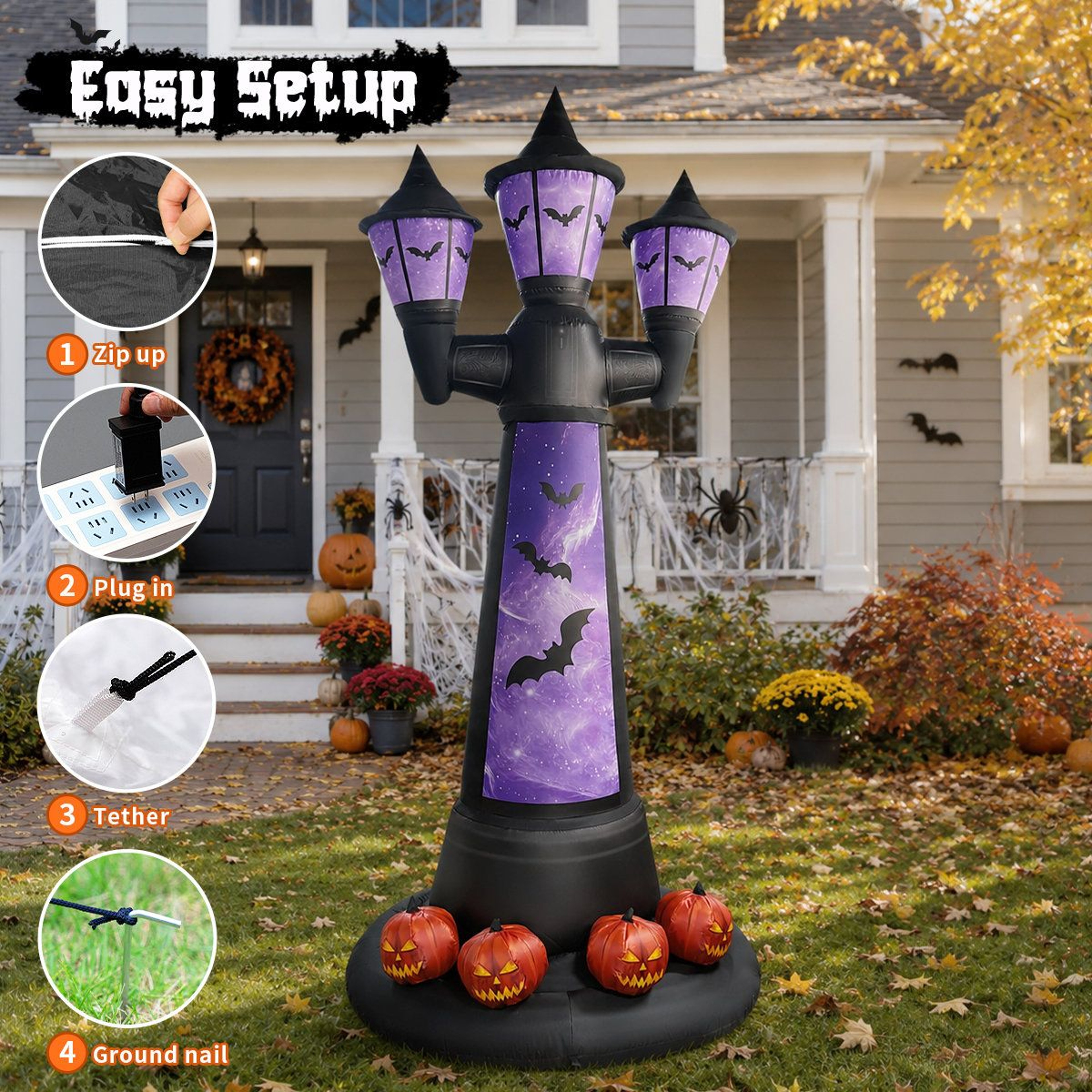 Lighted Halloween Inflatable Bat Lamp Post With Pumpkin Base 1