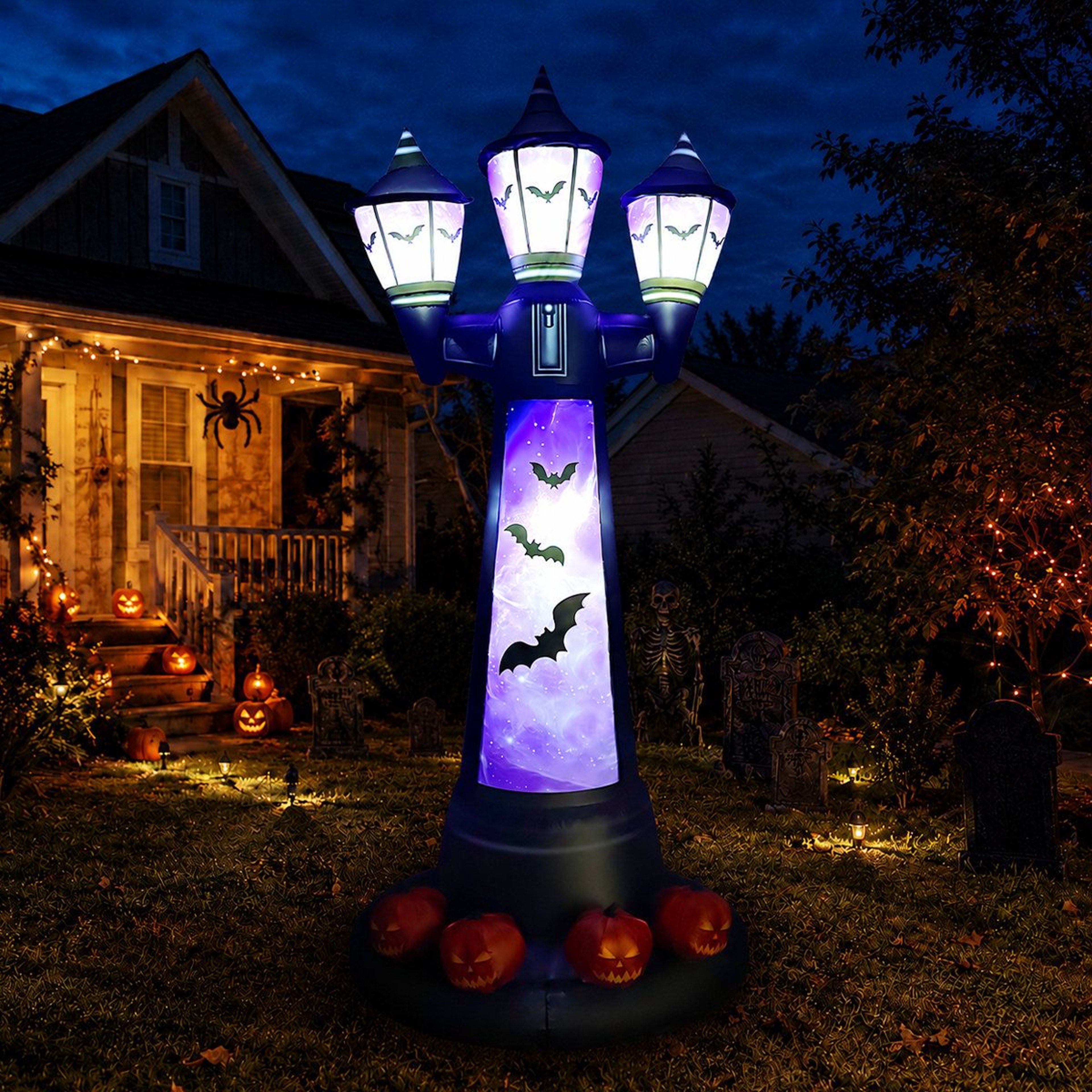 Lighted Halloween Inflatable Bat Lamp Post With Pumpkin Base 0