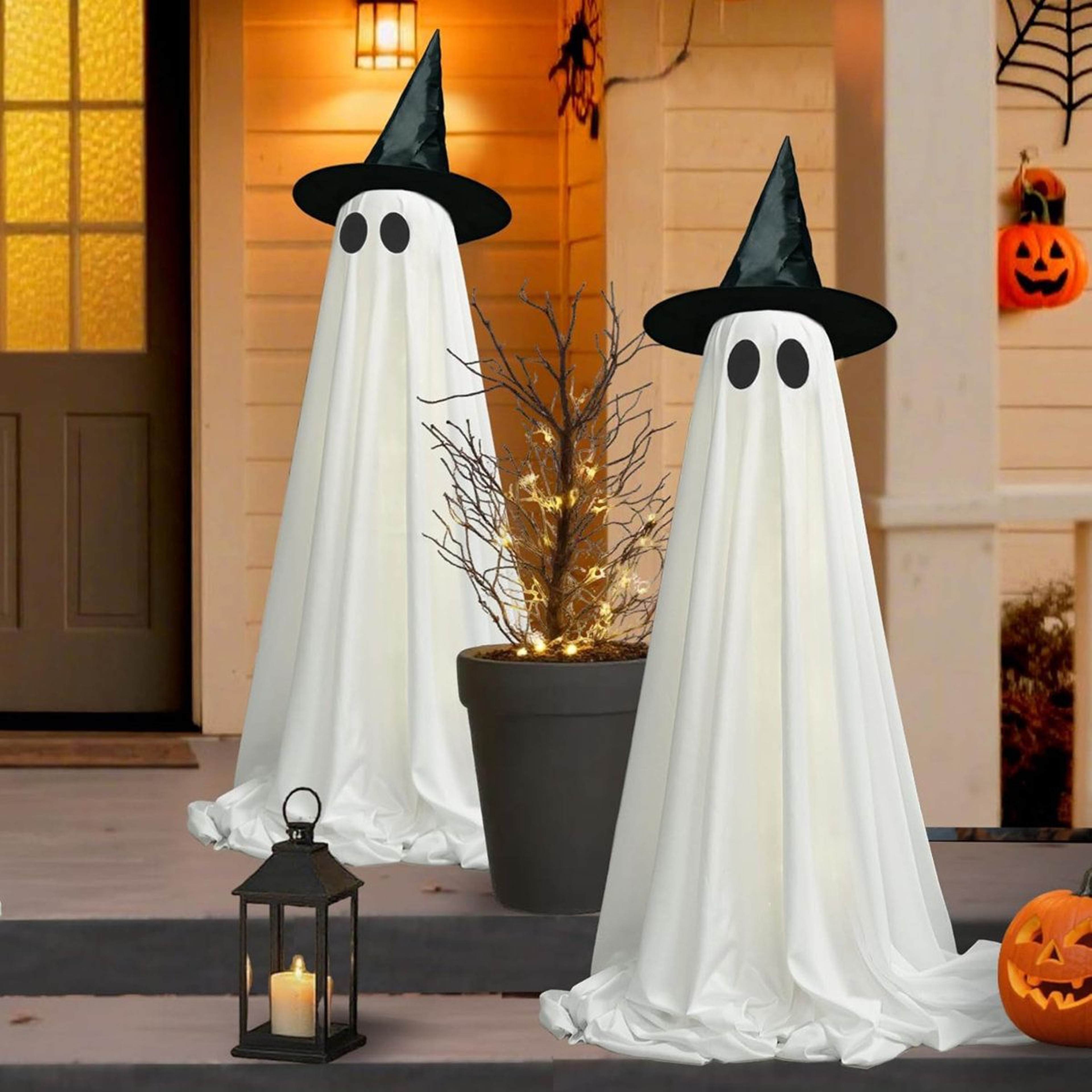 Halloween Ghost Decorations With Witch Hats And LED String Lights 4