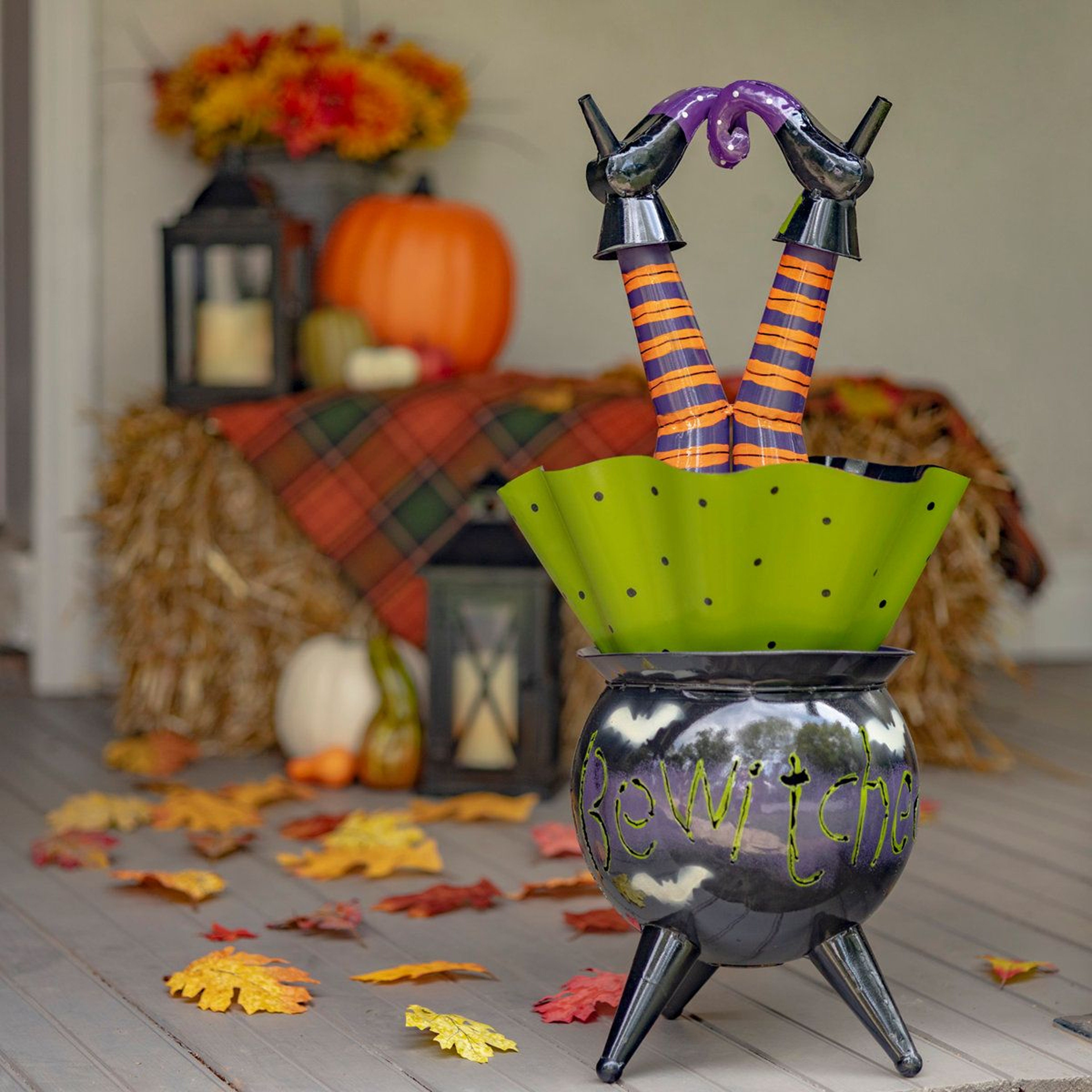 Tall Metal Halloween Cauldron Figurine With Witch Legs 0