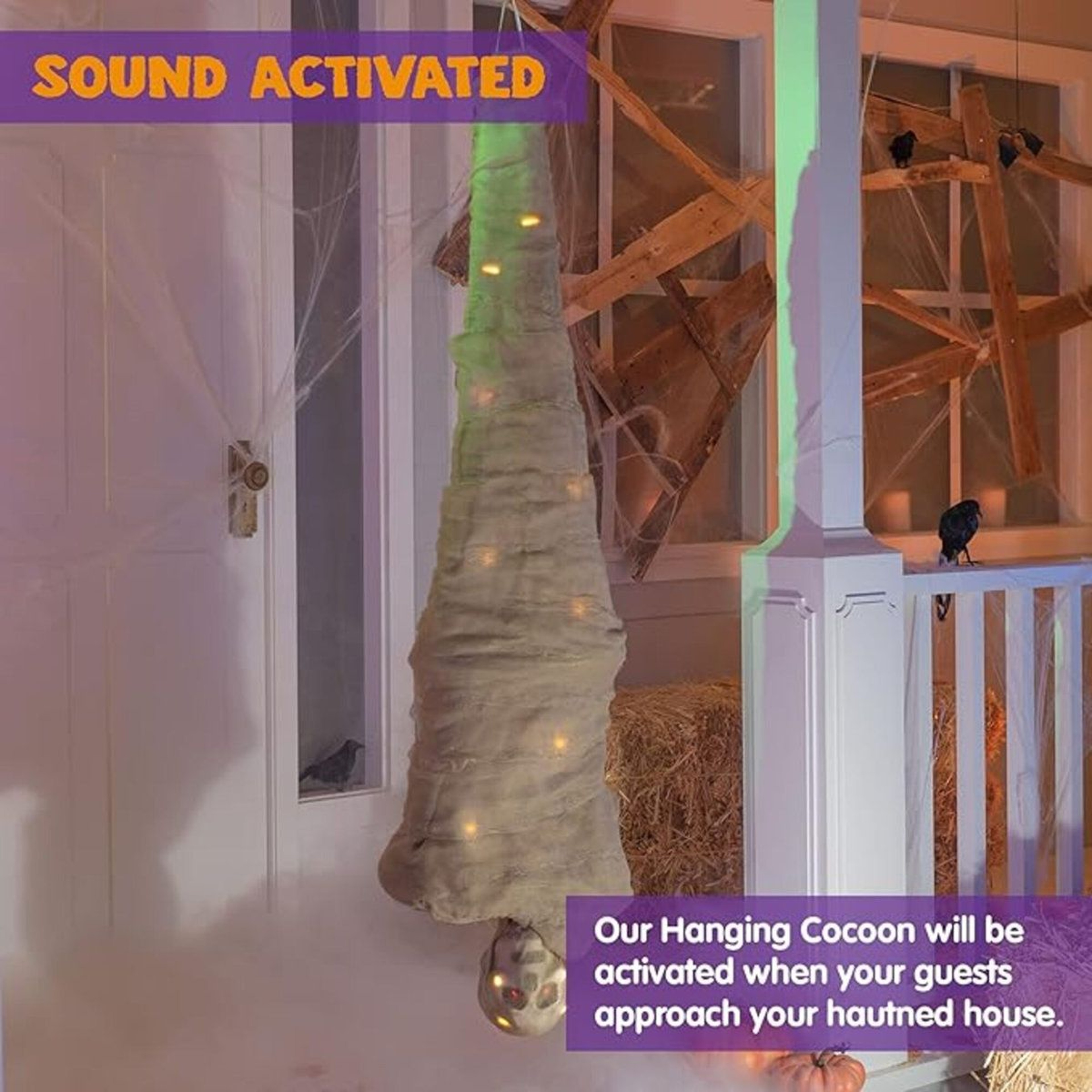 Halloween Hanging Cocoon Corpse Decoration With Spooky Sound And LED Eyes 1