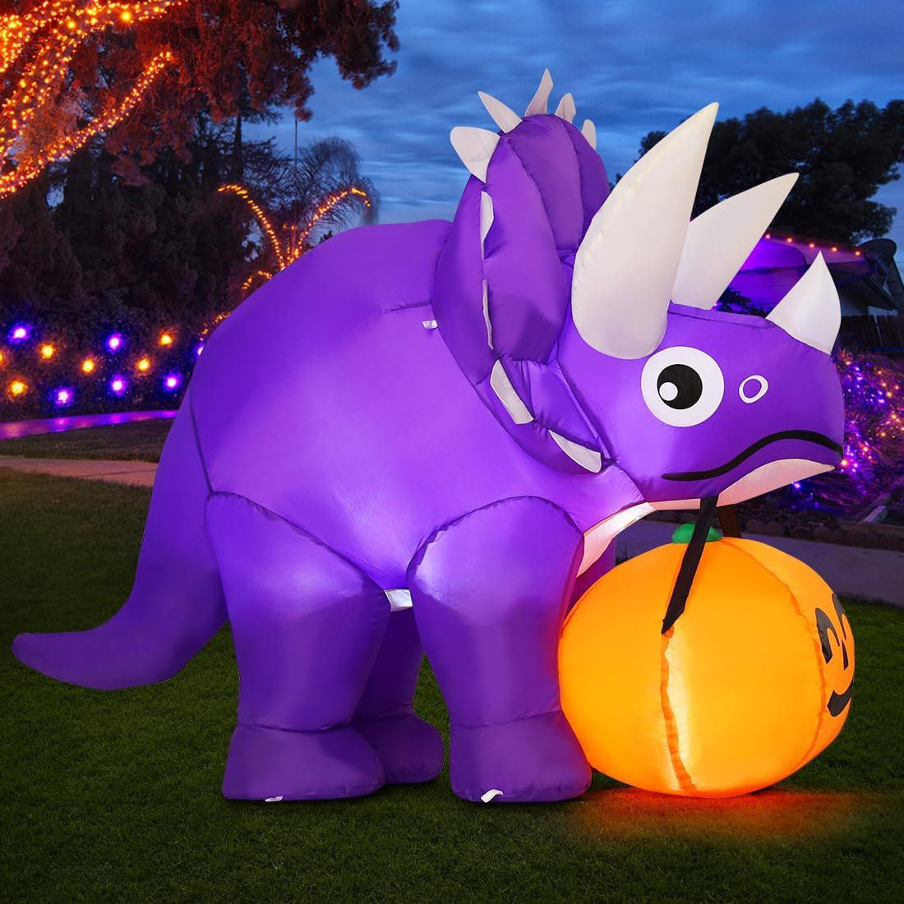 LED Halloween Inflatable Triceratops Dinosaur With Pumpkin Decoration 2