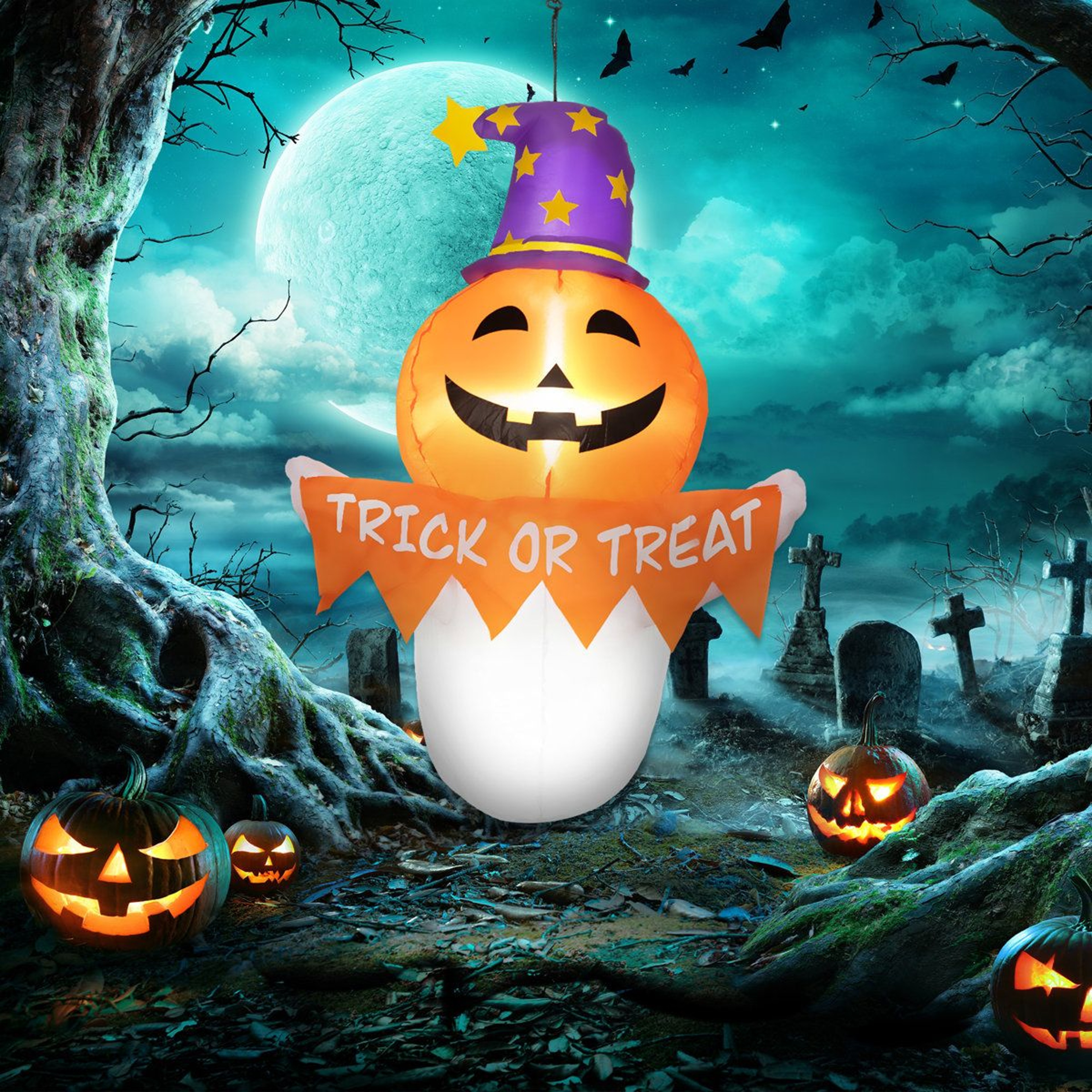 Halloween Inflatable Window Ghost Decoration With Orange Face 3