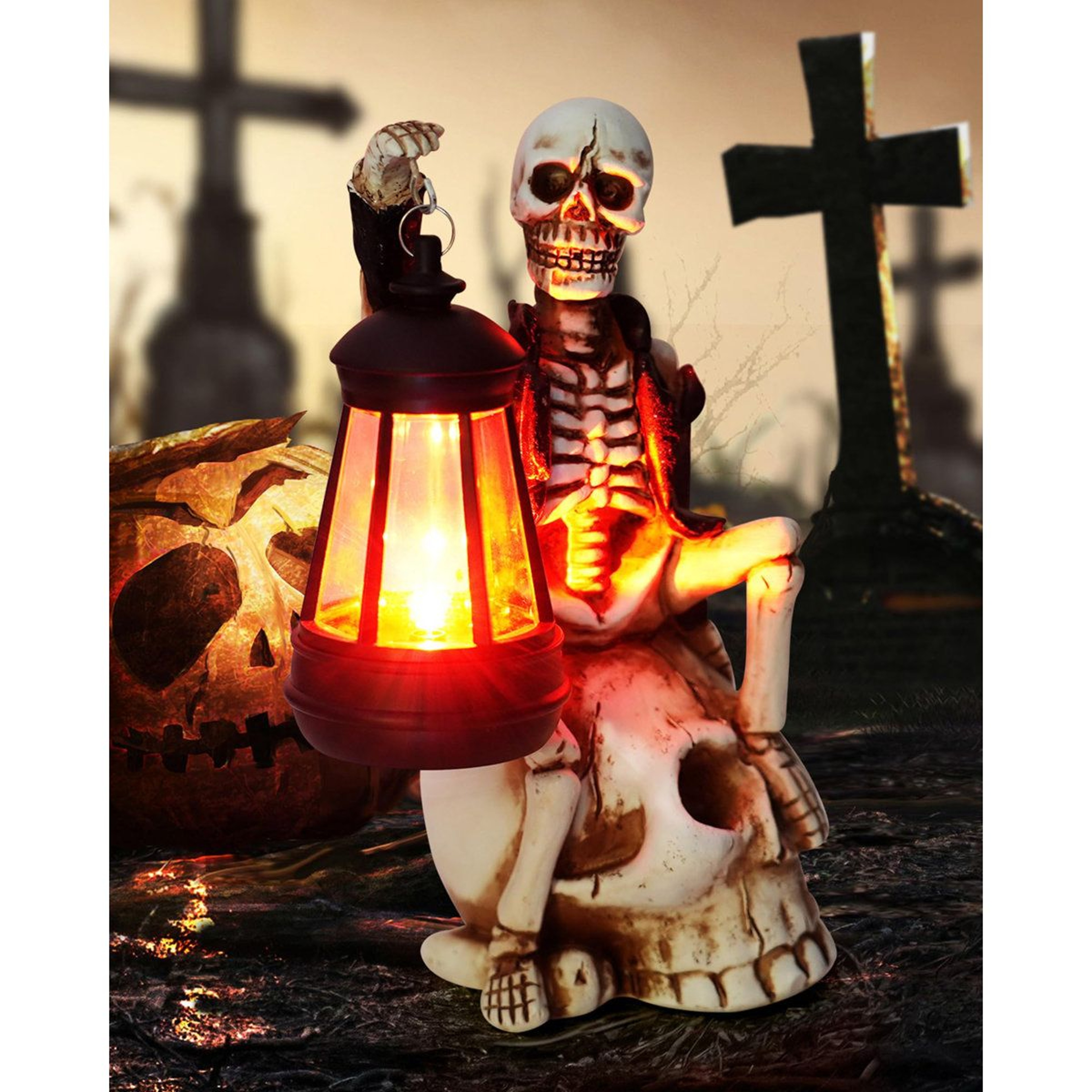 Solar Powered Halloween Skeleton Figurine With LED Lantern For Outdoor Decoration 4