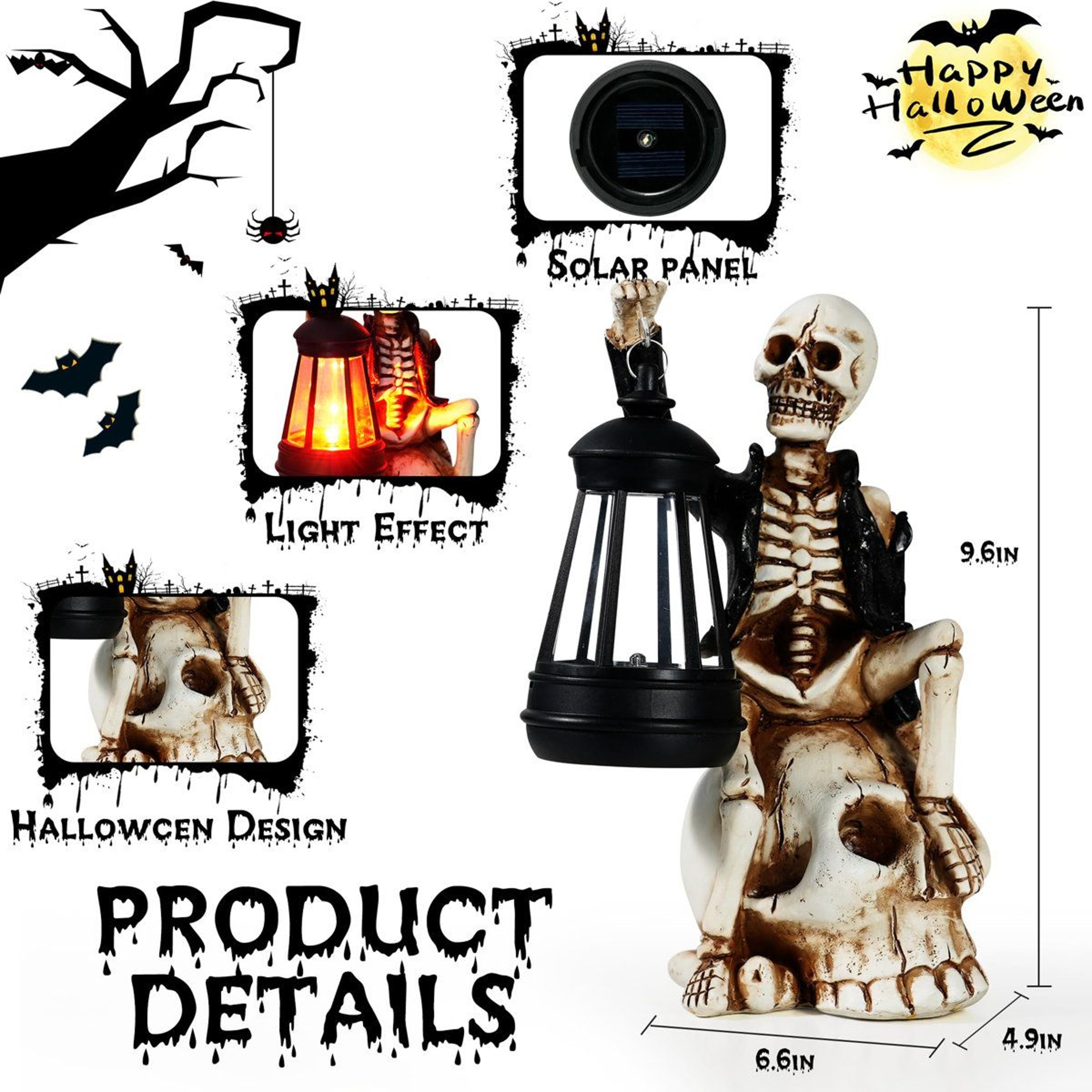 Solar Powered Halloween Skeleton Figurine With LED Lantern For Outdoor Decoration 3