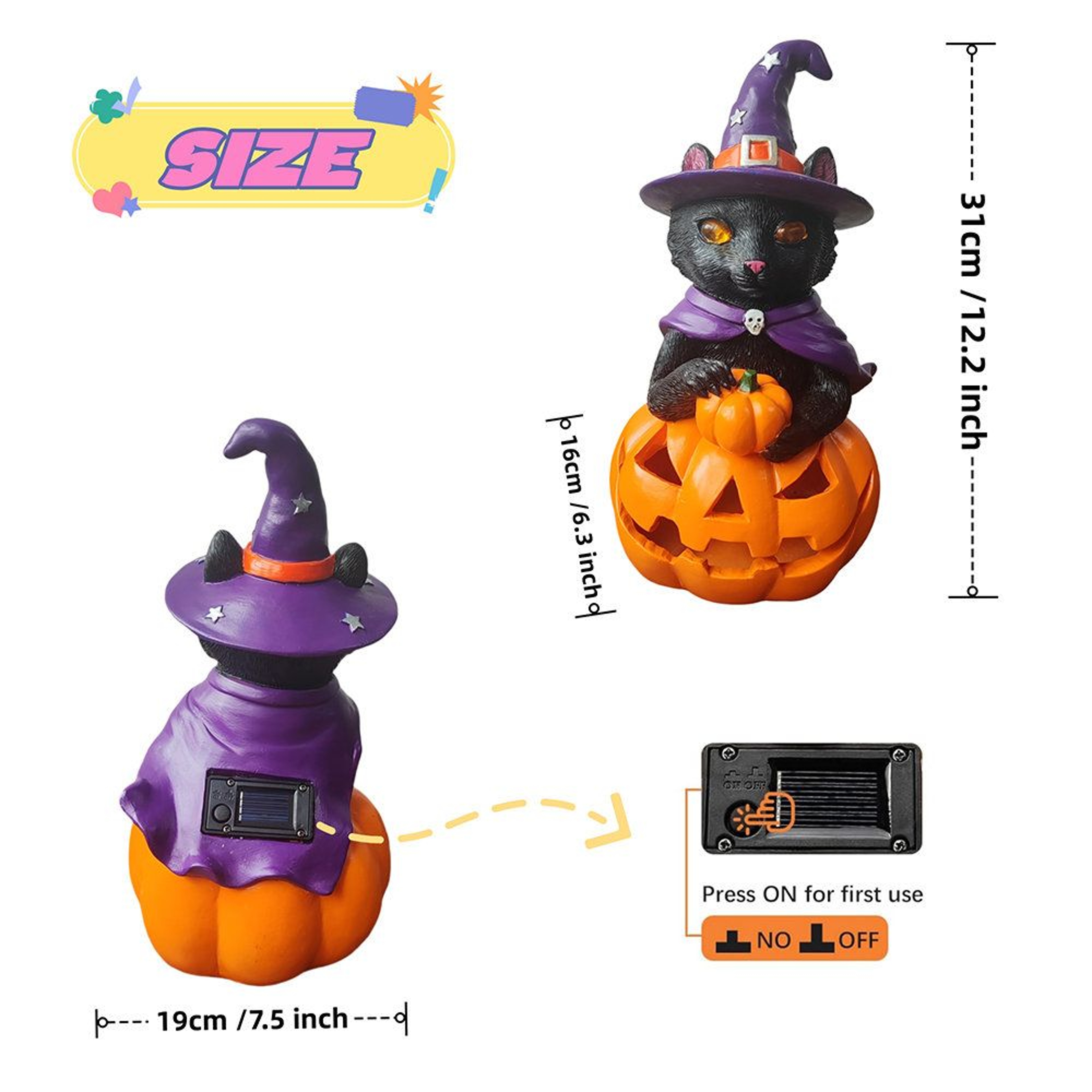Halloween Black Cat Pumpkin Resin Garden Statue With LED Light 3