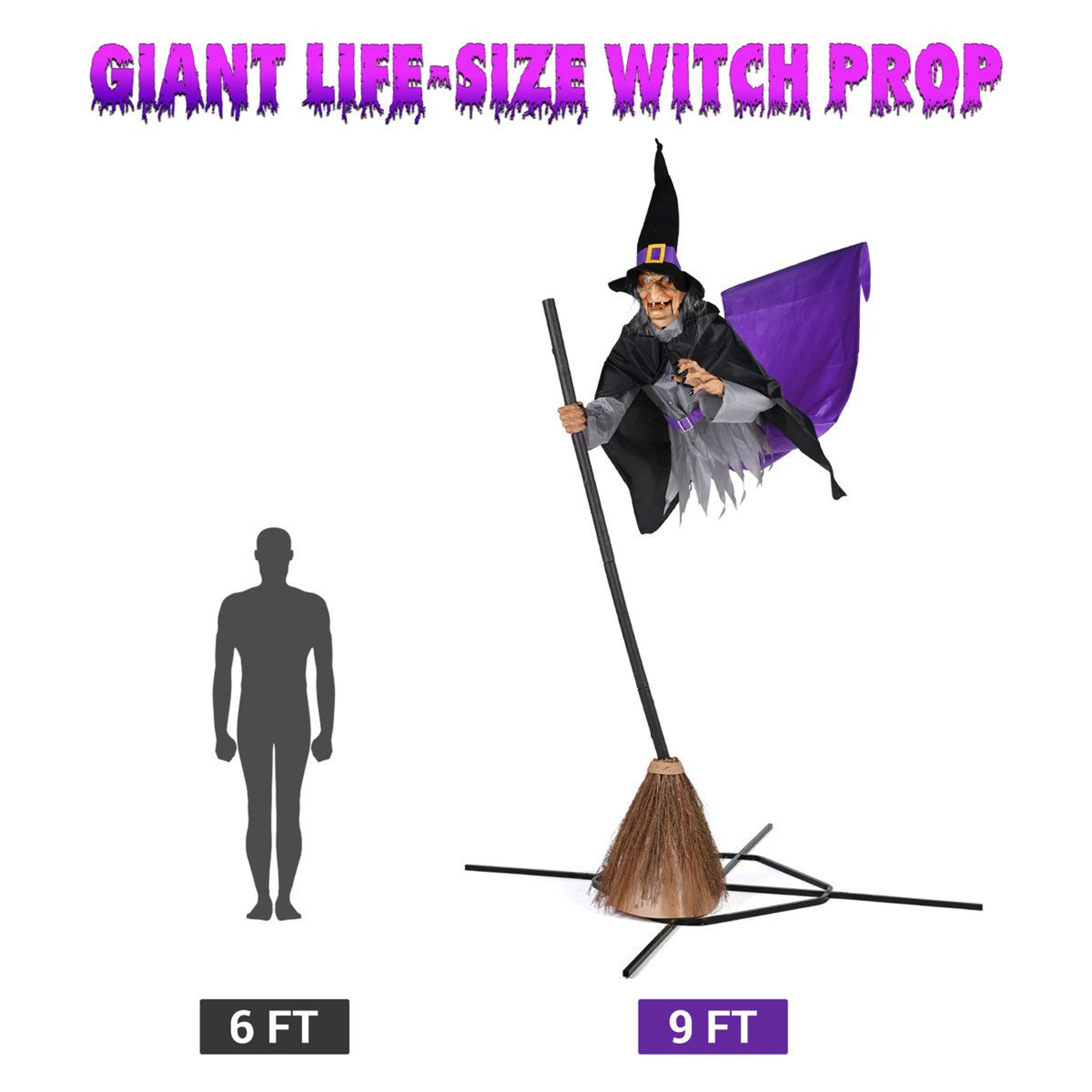 Animated Purple Witch Halloween Outdoor Decoration With UV Resistant Steel And Wood Frame 3