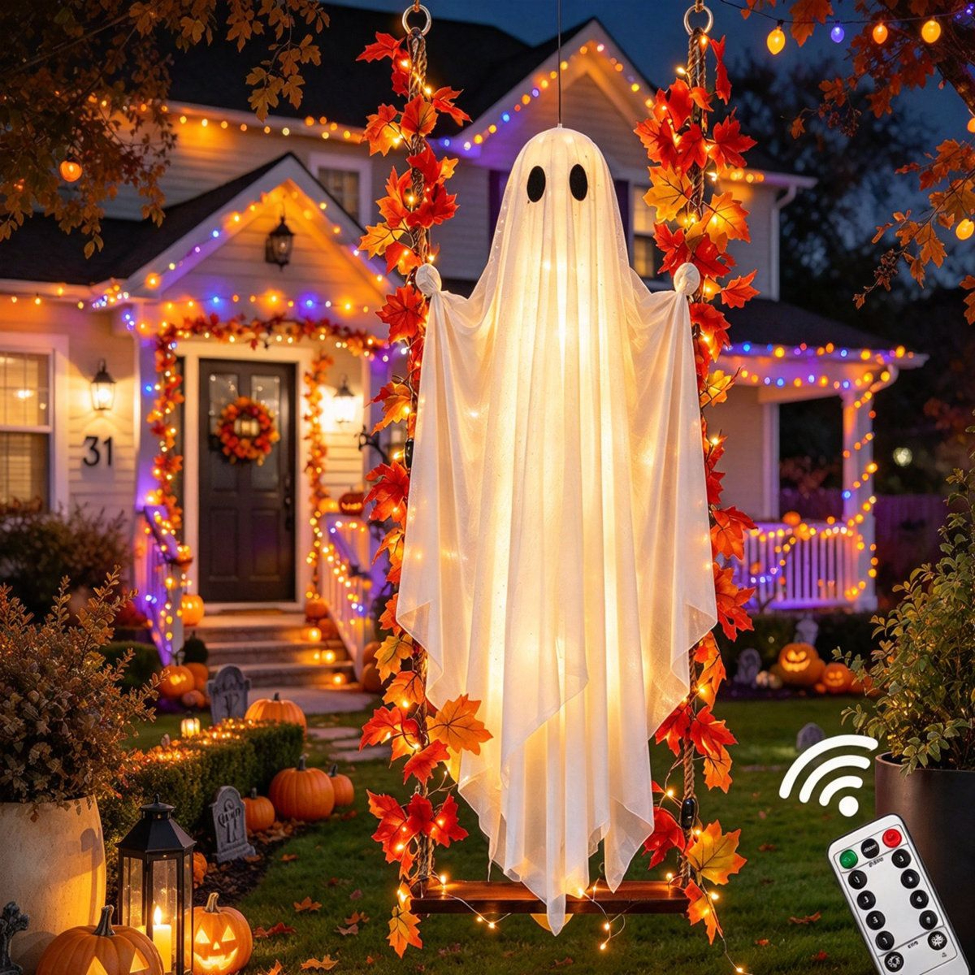 Lighted Swinging Ghost Halloween Decoration With String Lights For Outdoor Yard 0