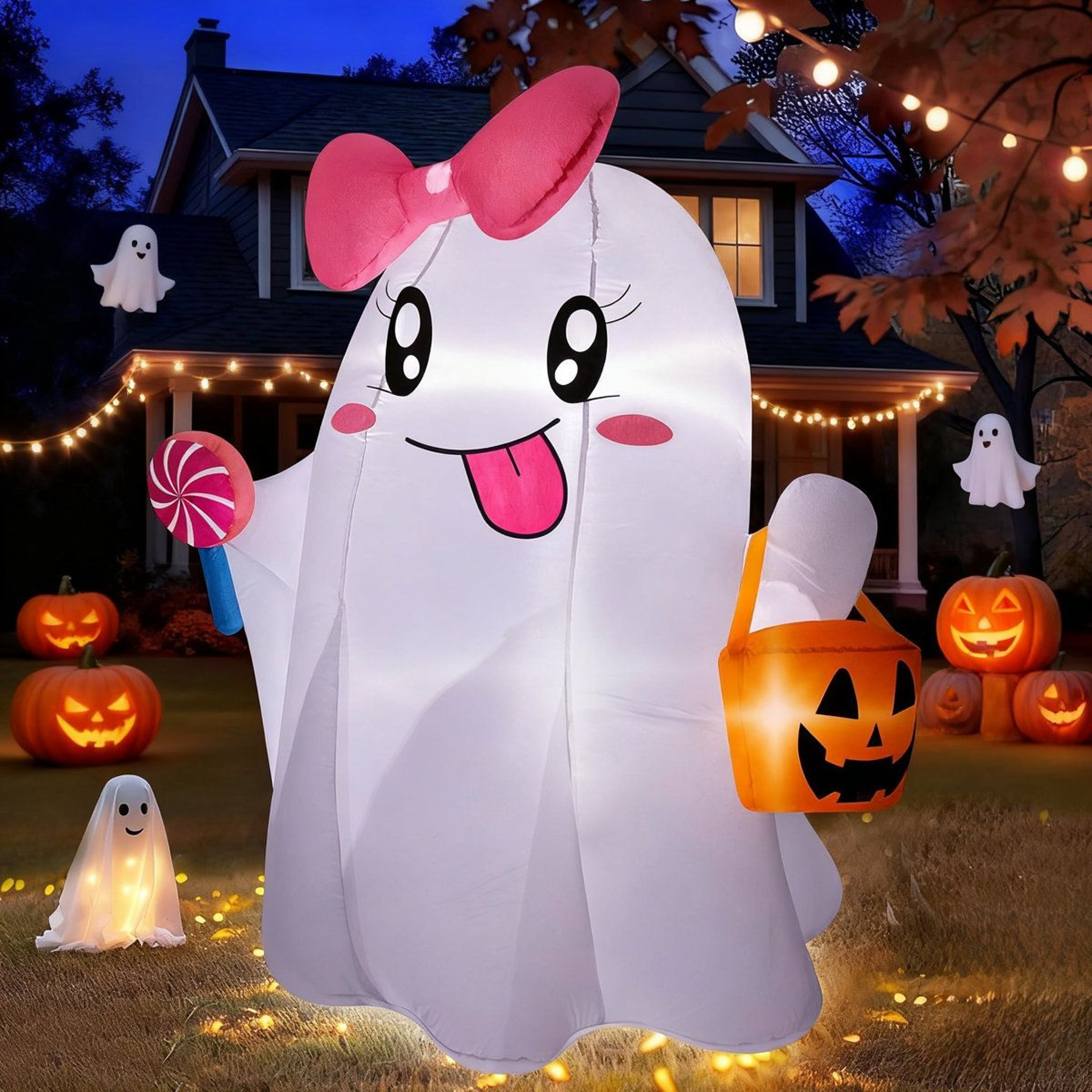 Outdoor Halloween Ghost Inflatable With LED Lights And Ground Stakes 0