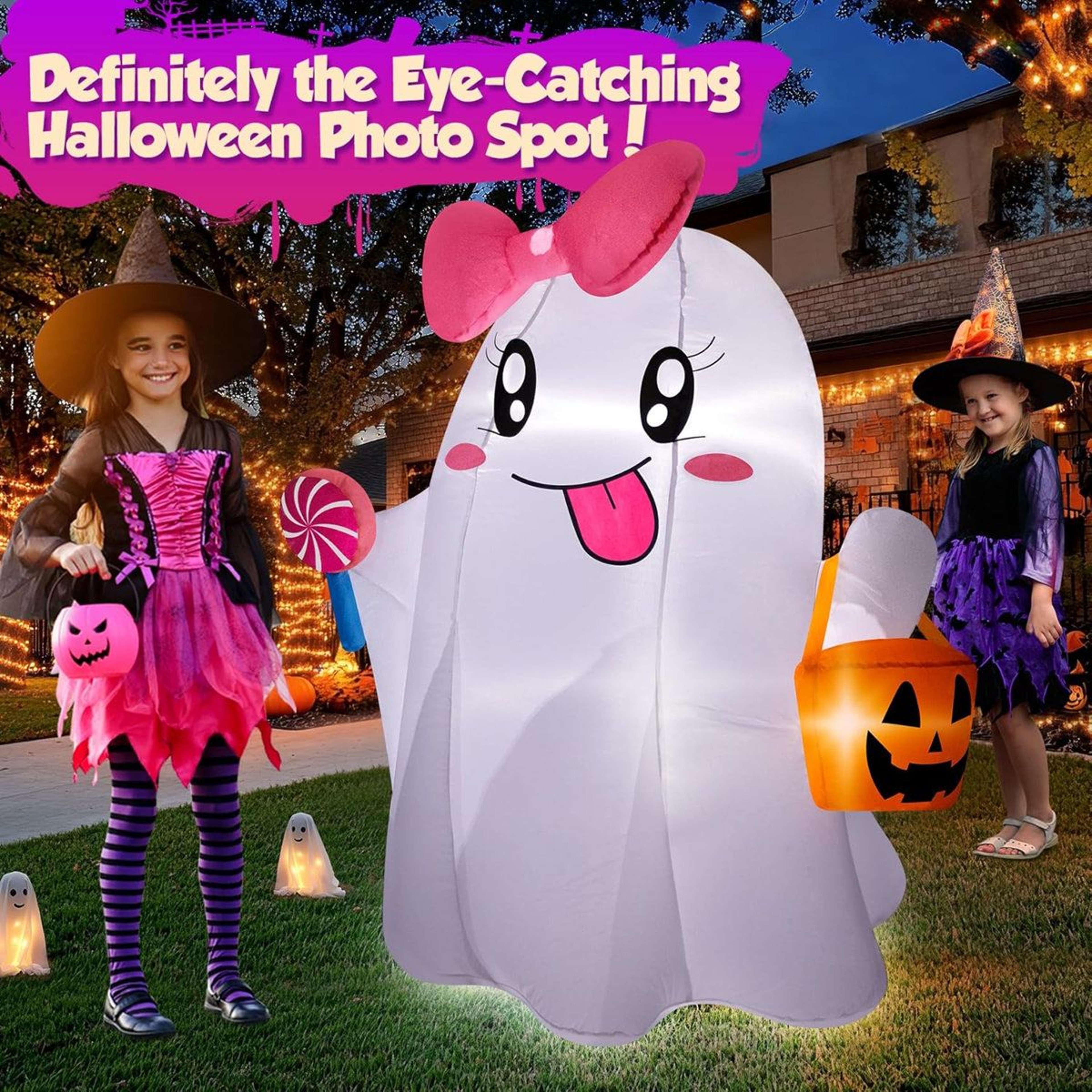 Outdoor Halloween Ghost Inflatable With LED Lights And Ground Stakes 4