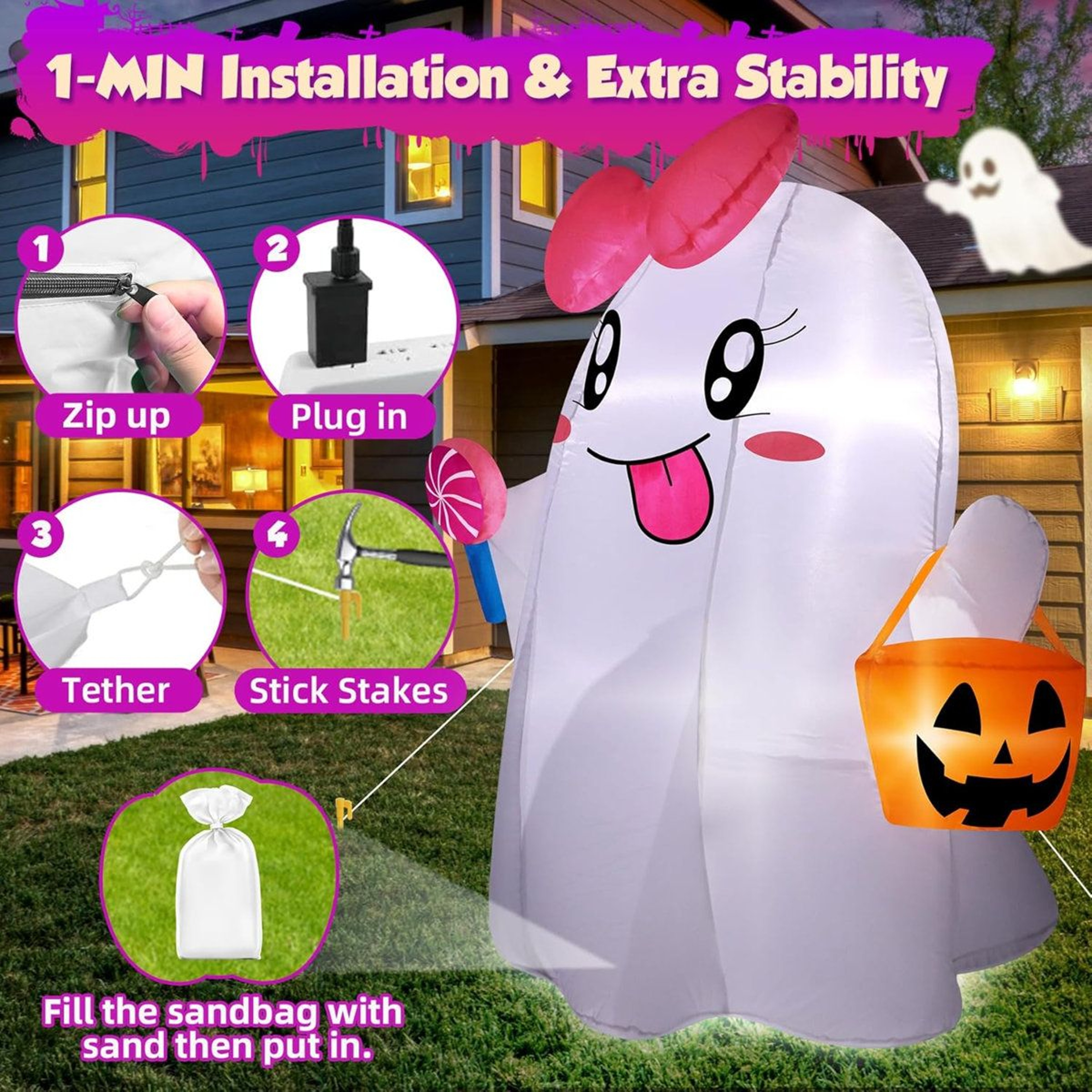 Outdoor Halloween Ghost Inflatable With LED Lights And Ground Stakes 1