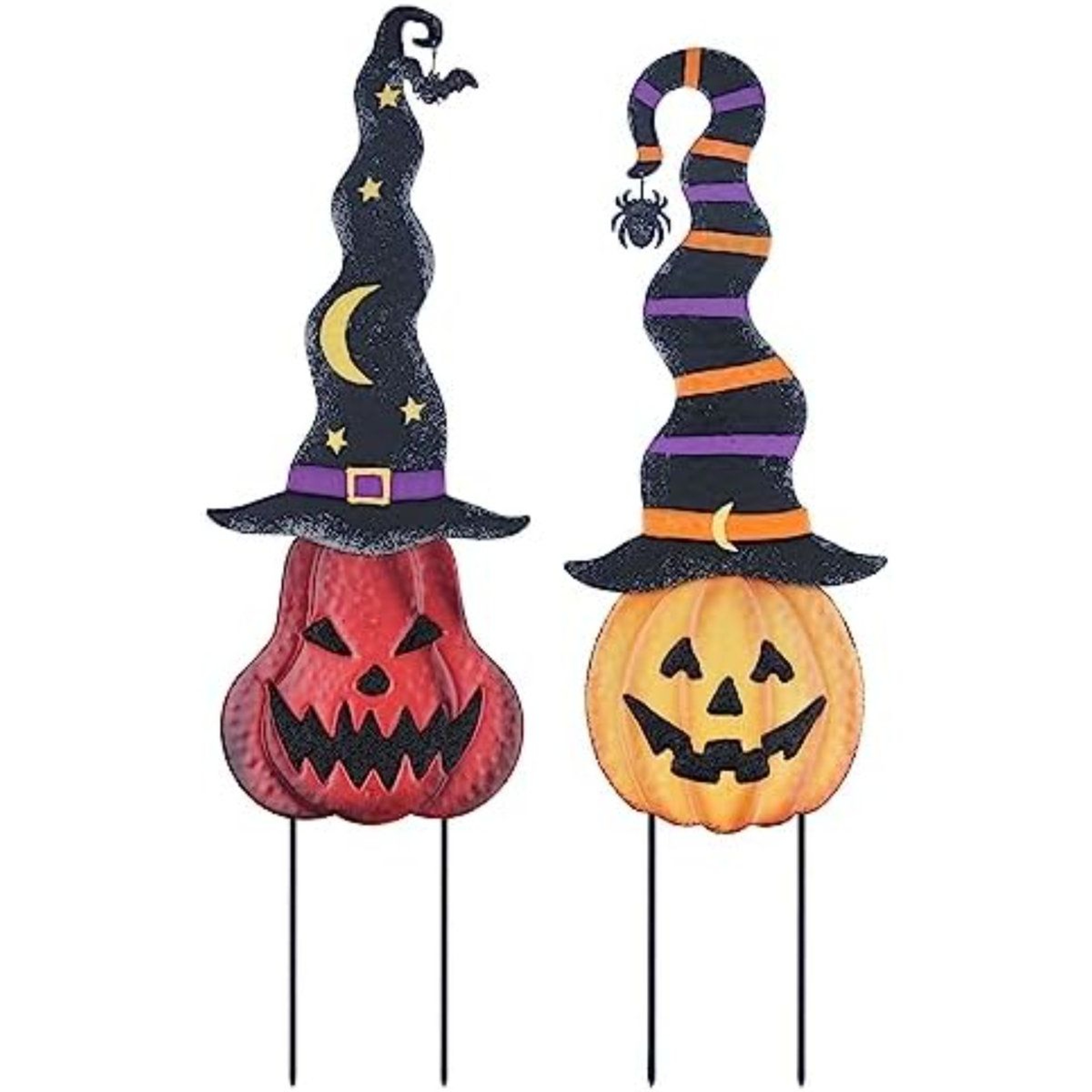 Halloween Metal Pumpkin Garden Stakes With Witch Hats 0