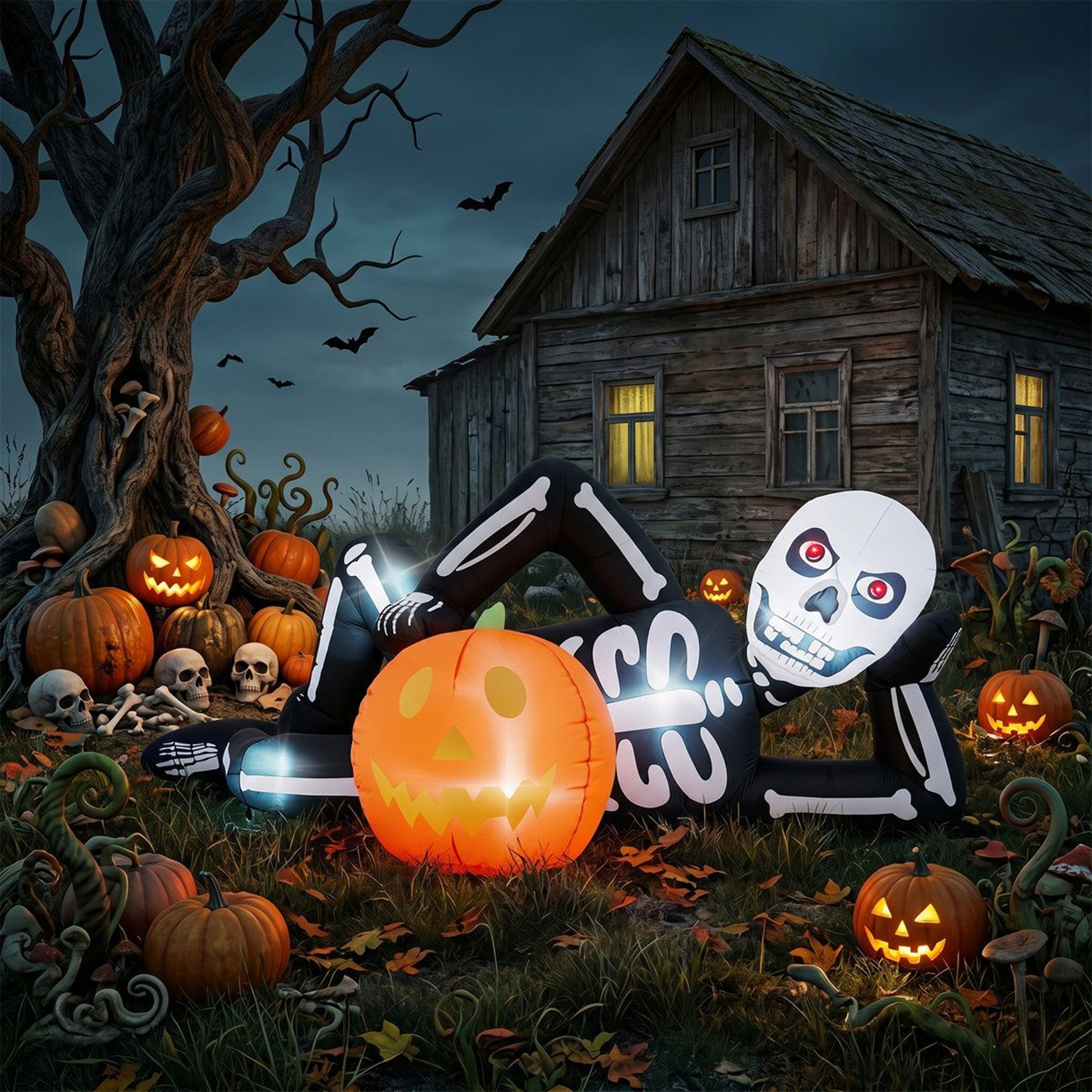 Halloween Inflatable Lying Skeleton With LED Lights And Built In Blower 3