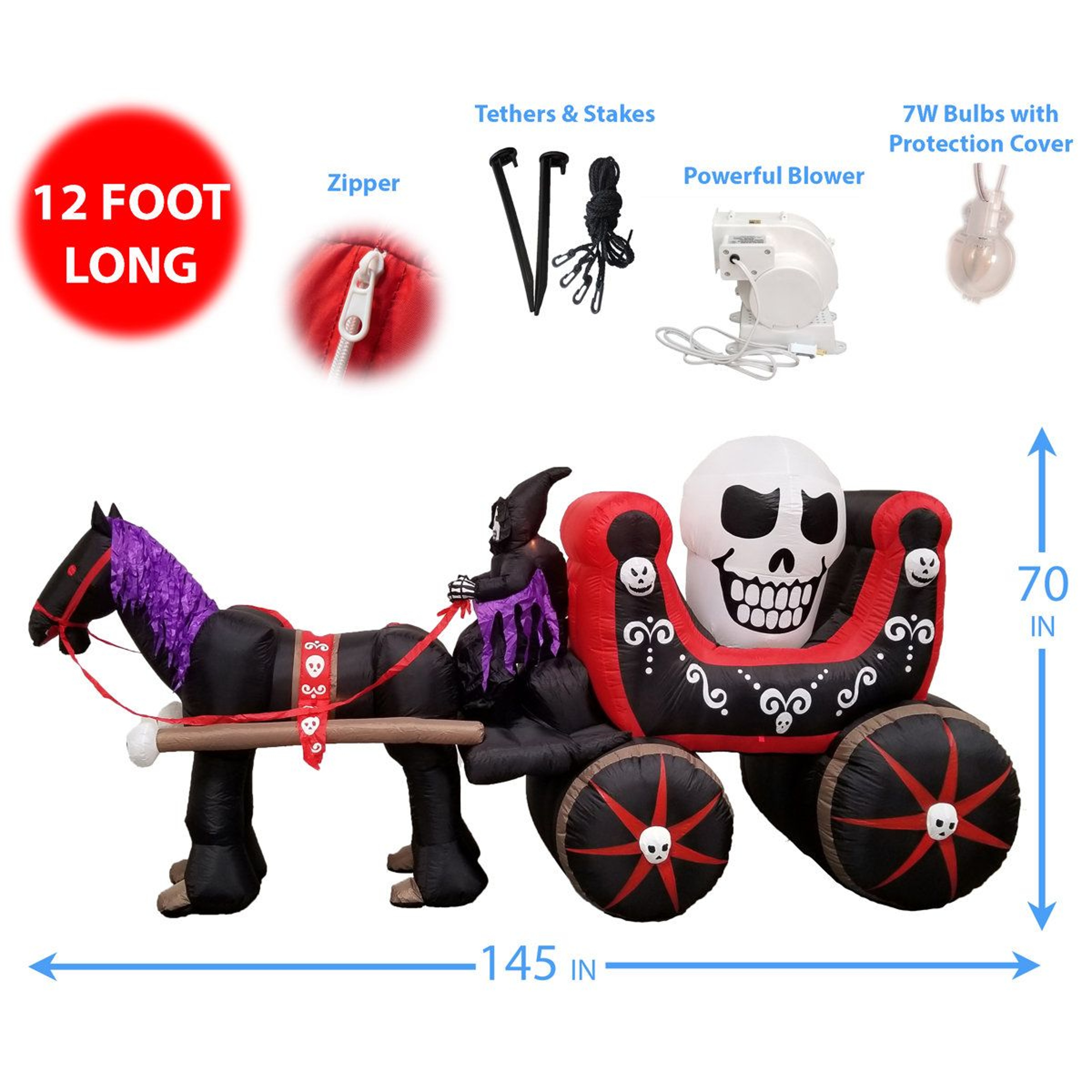 Lighted Halloween Inflatable Carriage With Skeleton Ghost And Giant Skull 2