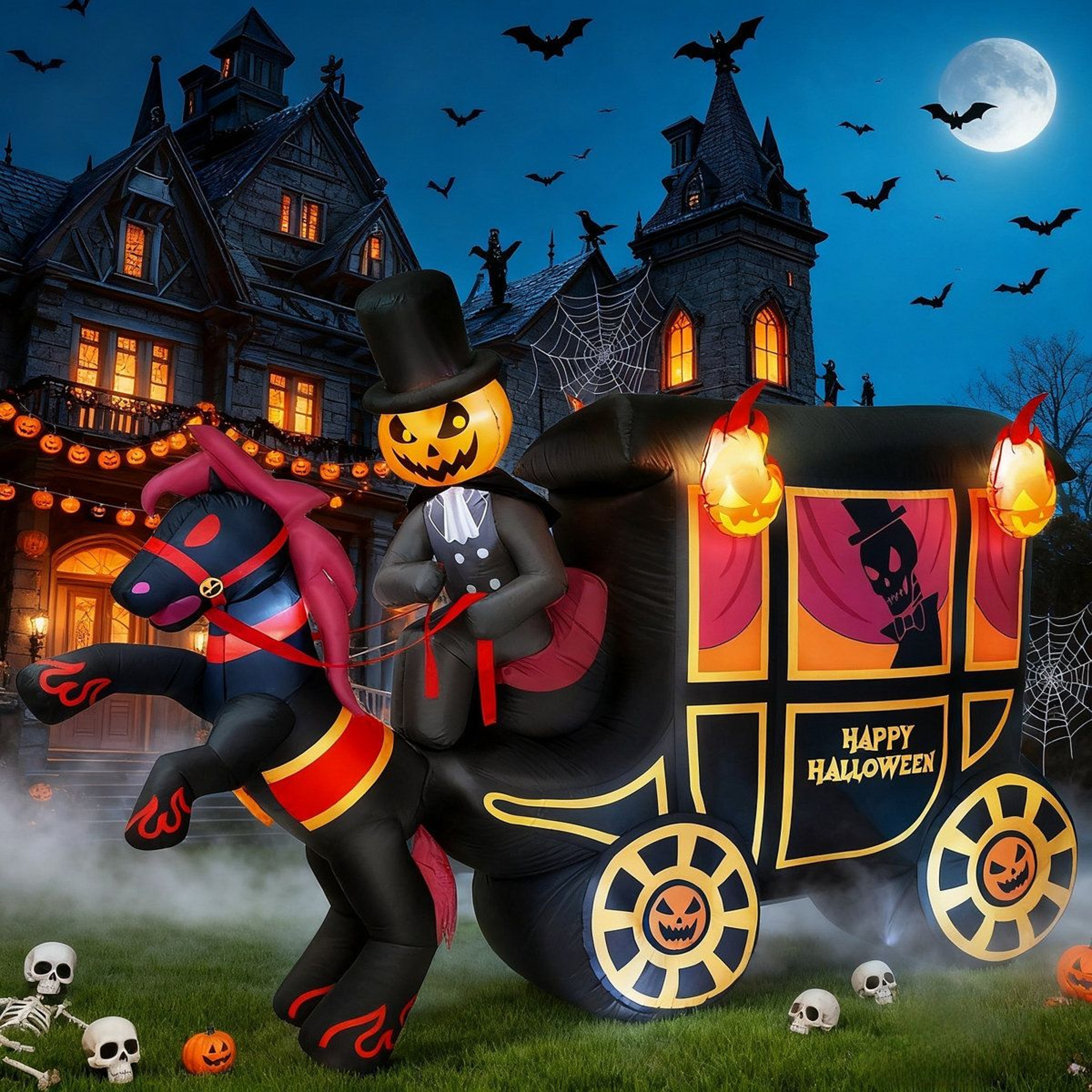 Halloween Inflatable Pumpkin Headed Horse Carriage With LED Lights For Outdoor Yard Decor 4