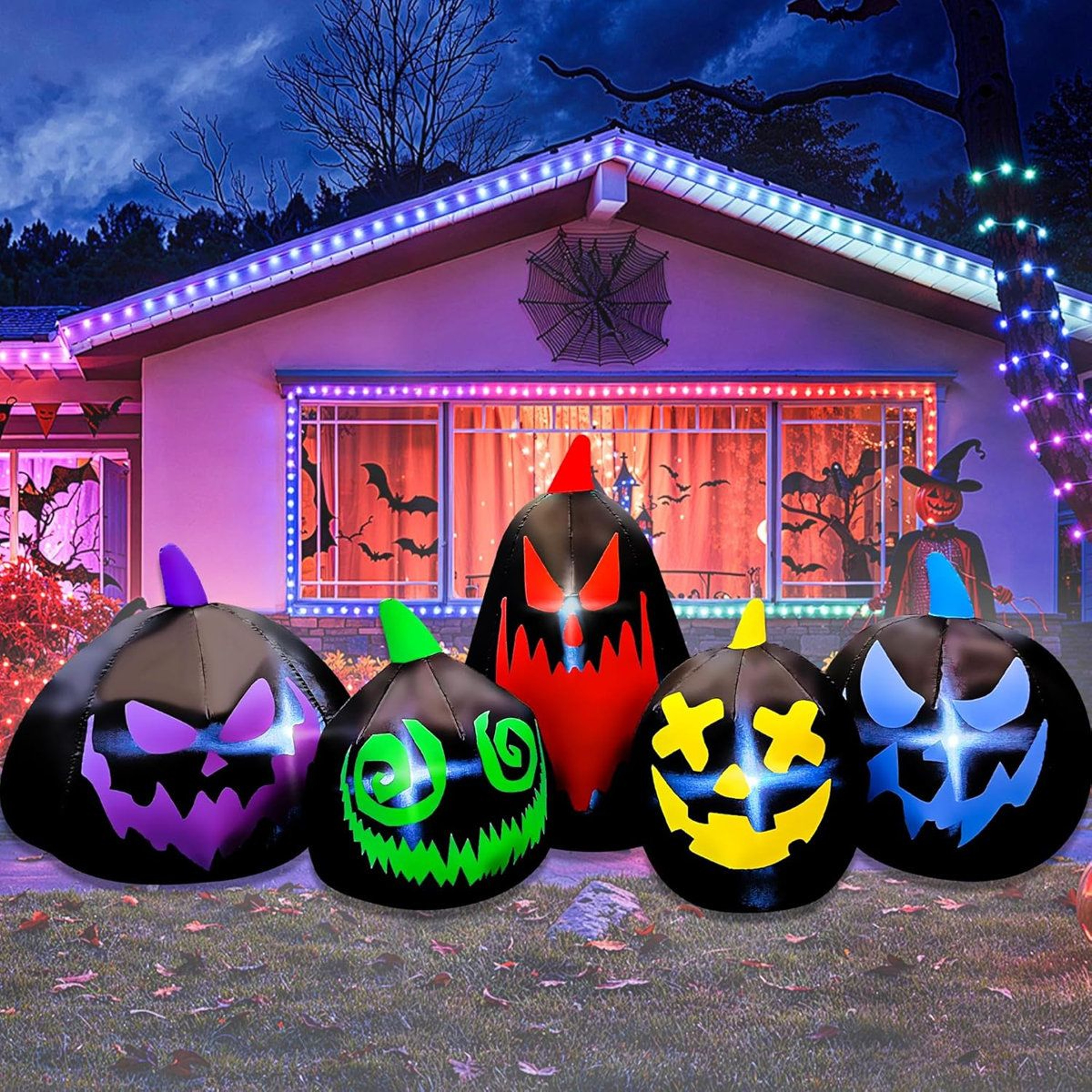 Halloween Inflatable Black Pumpkin Family Outdoor Decoration With LED Lights 4
