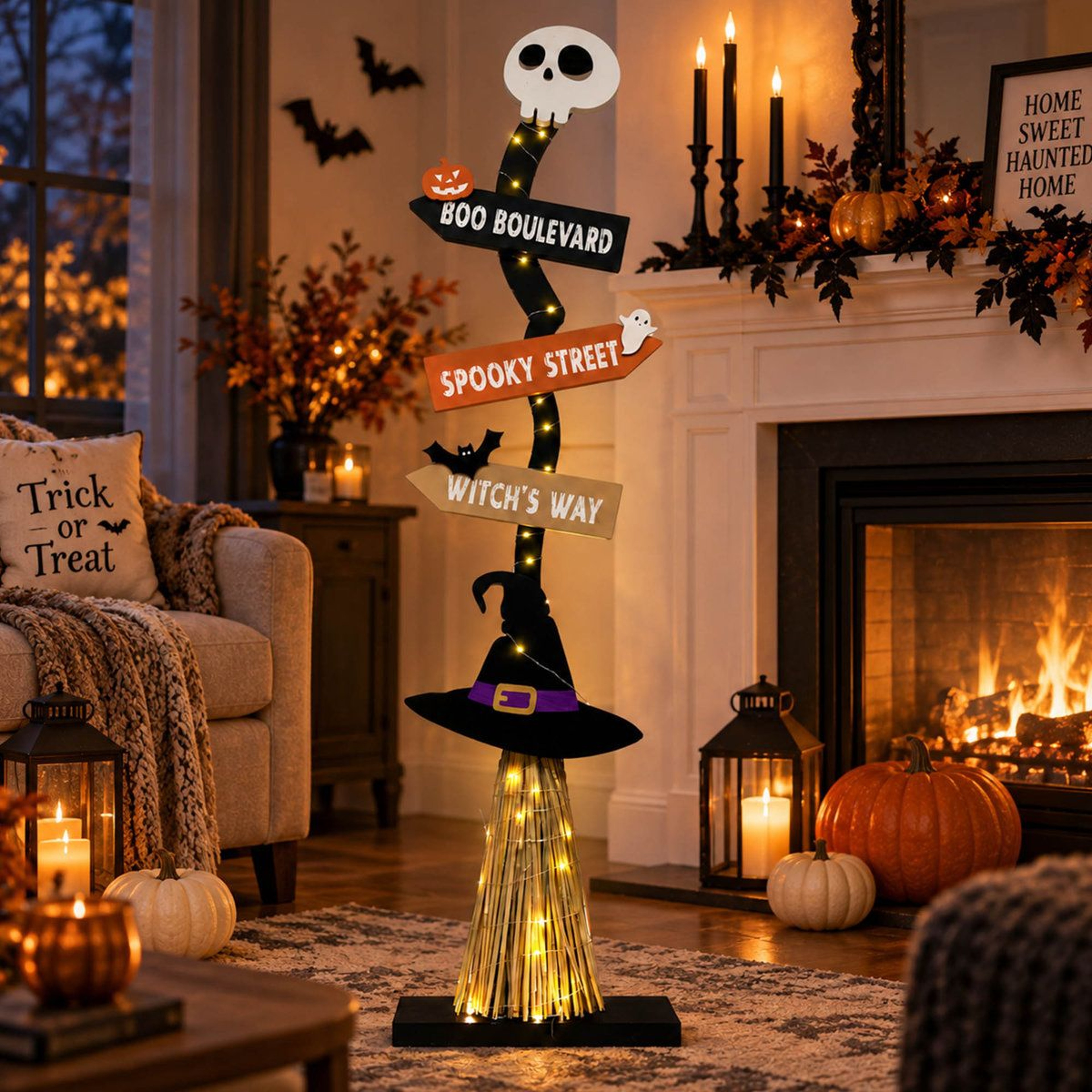 Light Up Wooden Witch Broom Halloween Decoration With Warm White LED Lights 0