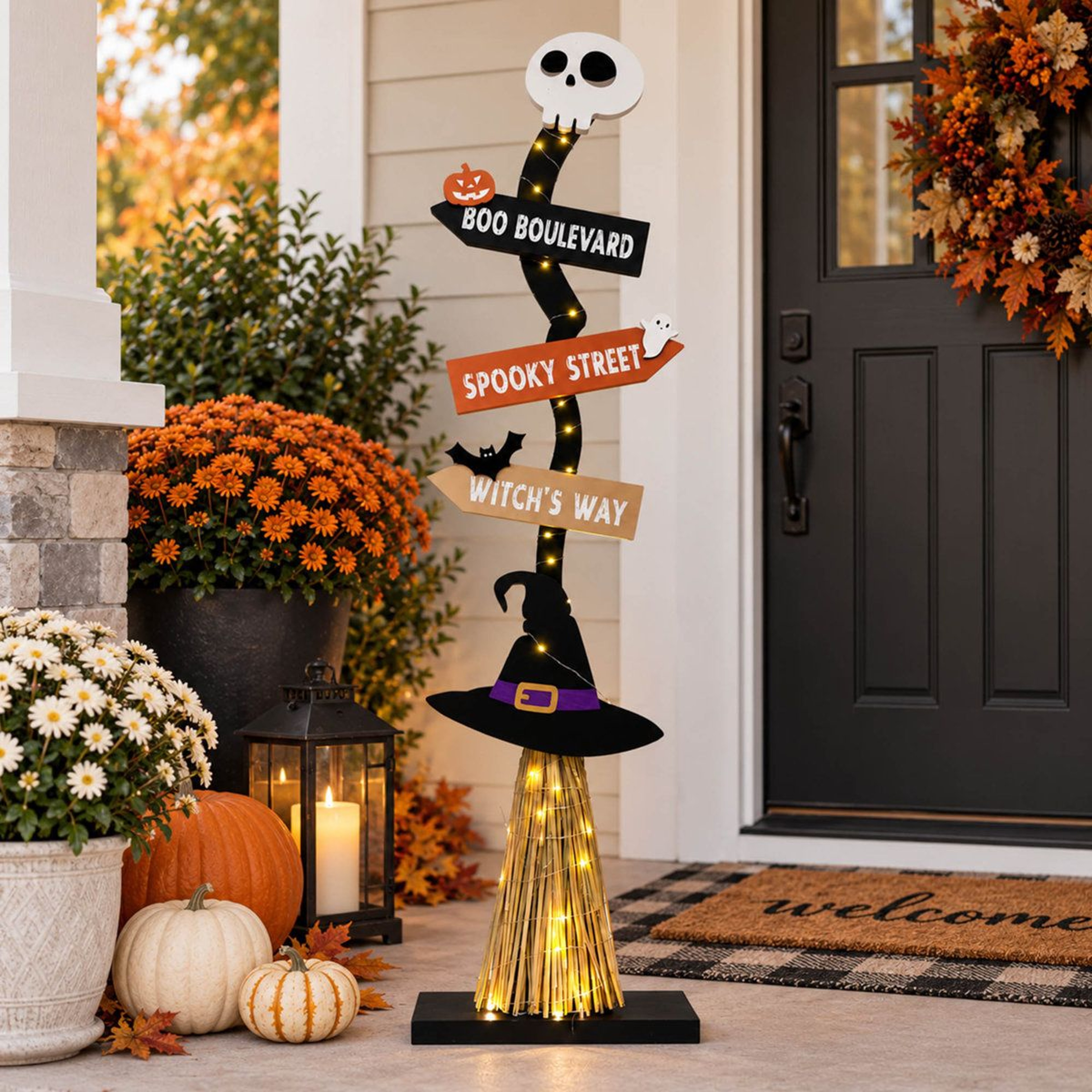 Light Up Wooden Witch Broom Halloween Decoration With Warm White LED Lights 4