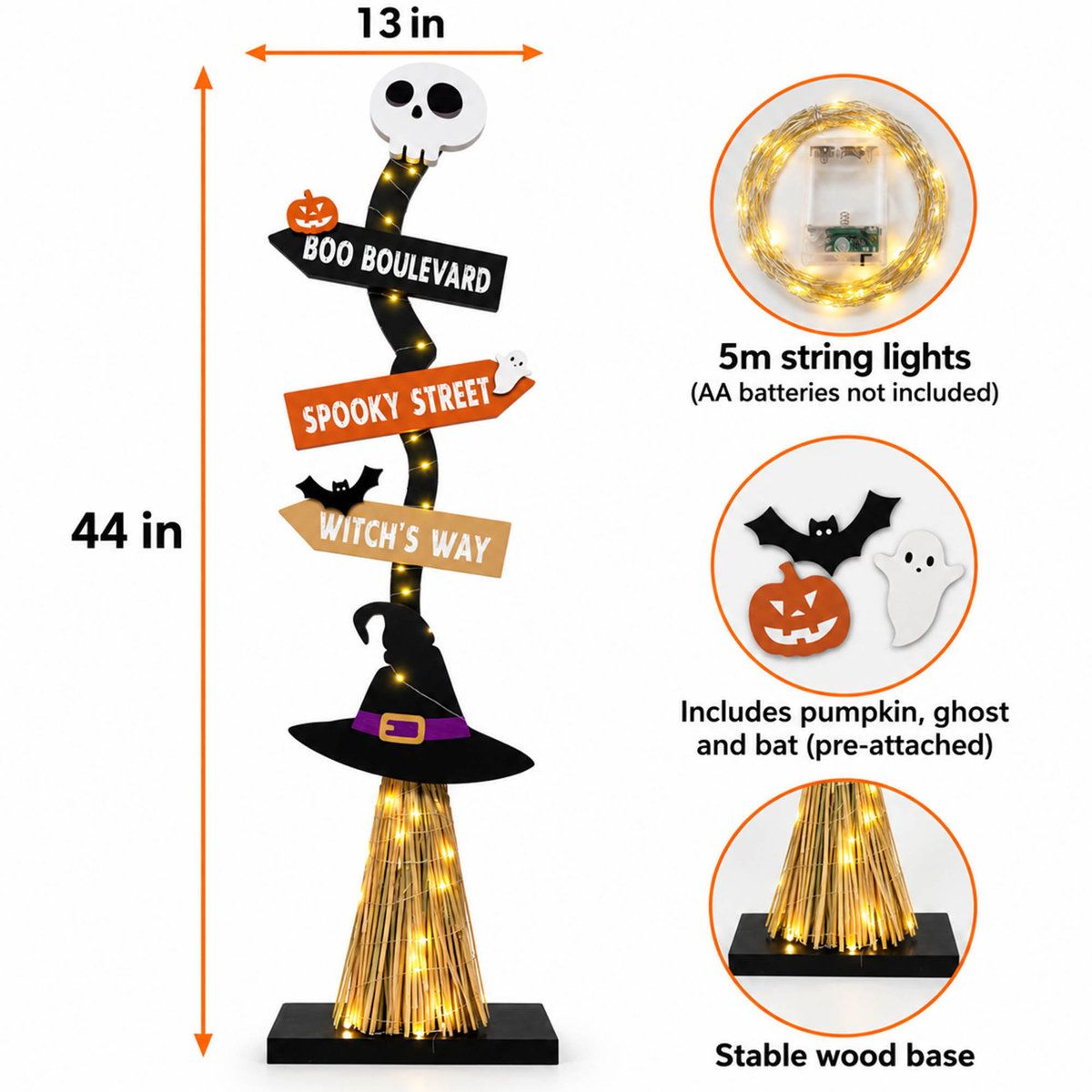 Light Up Wooden Witch Broom Halloween Decoration With Warm White LED Lights 3