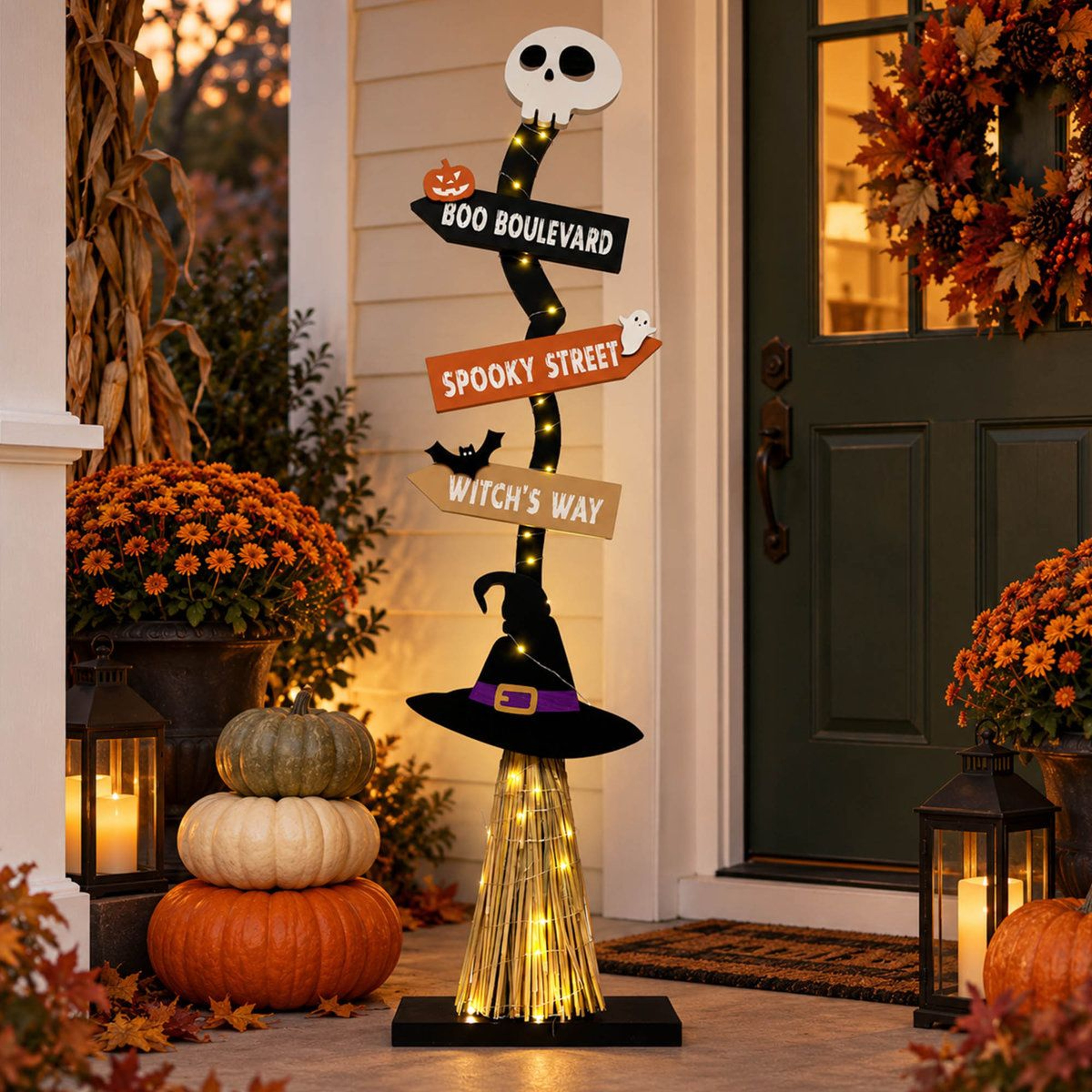 Light Up Wooden Witch Broom Halloween Decoration With Warm White LED Lights 2