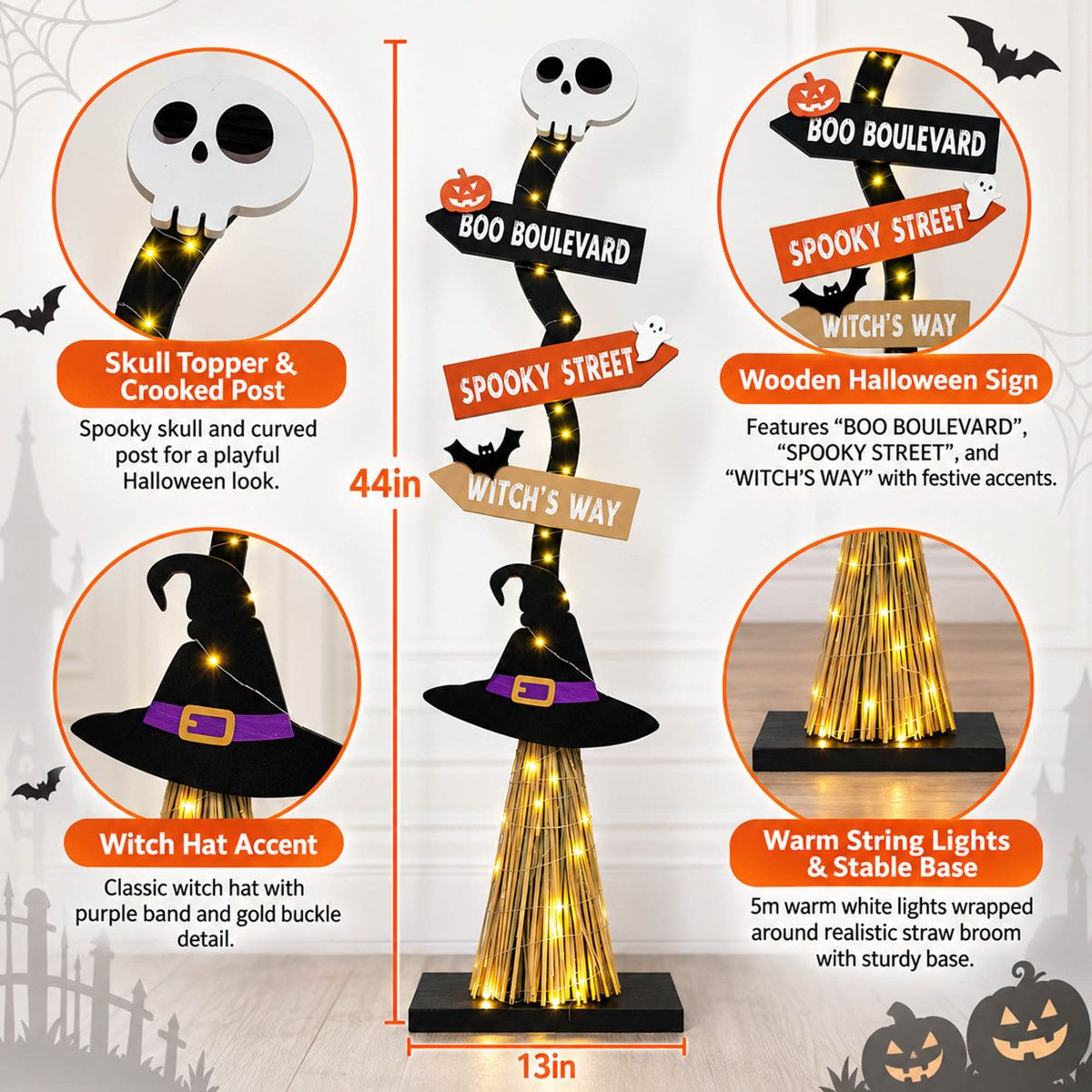 Light Up Wooden Witch Broom Halloween Decoration With Warm White LED Lights 1