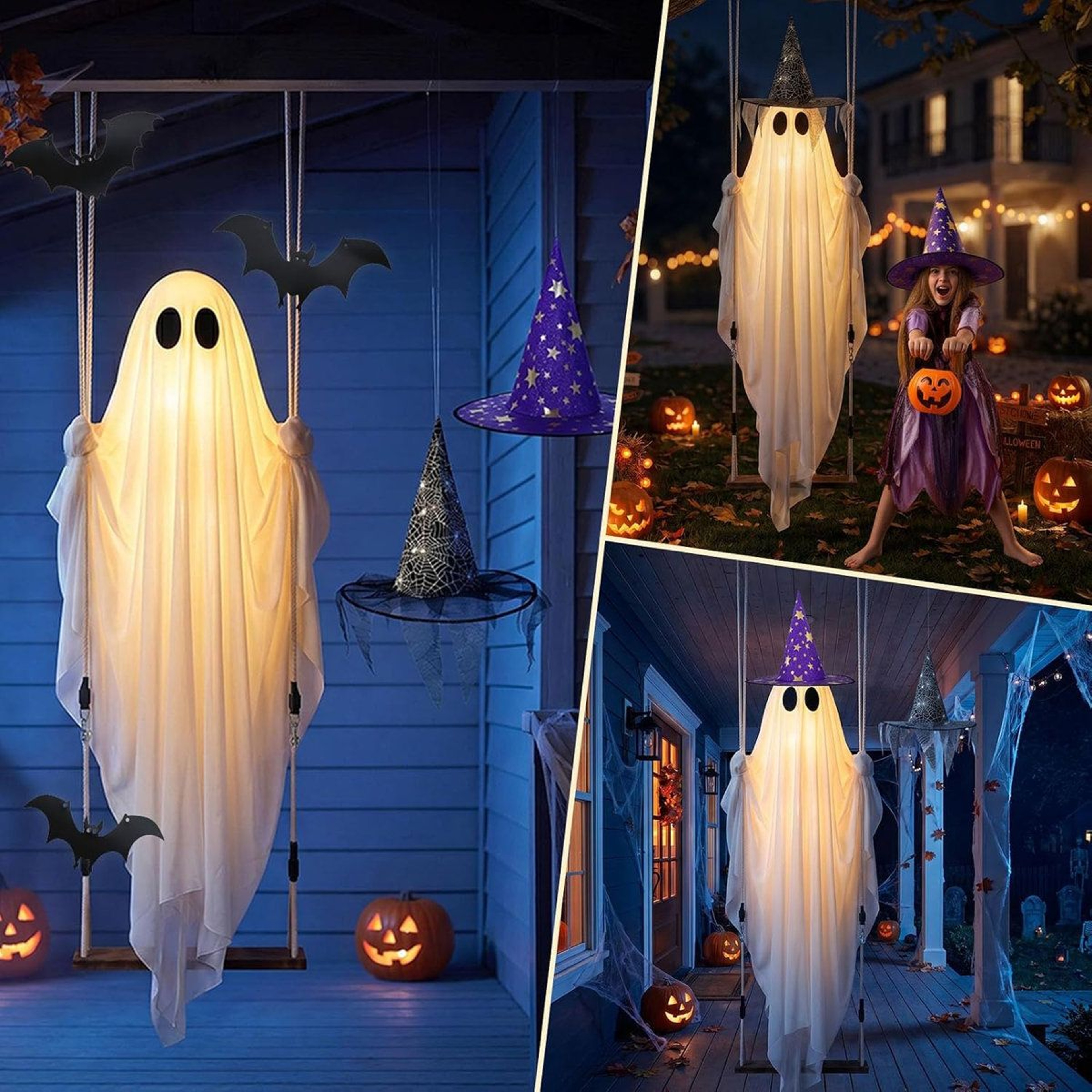 Hanging Ghost Halloween Decoration With LED Lights And Witch Hat 1