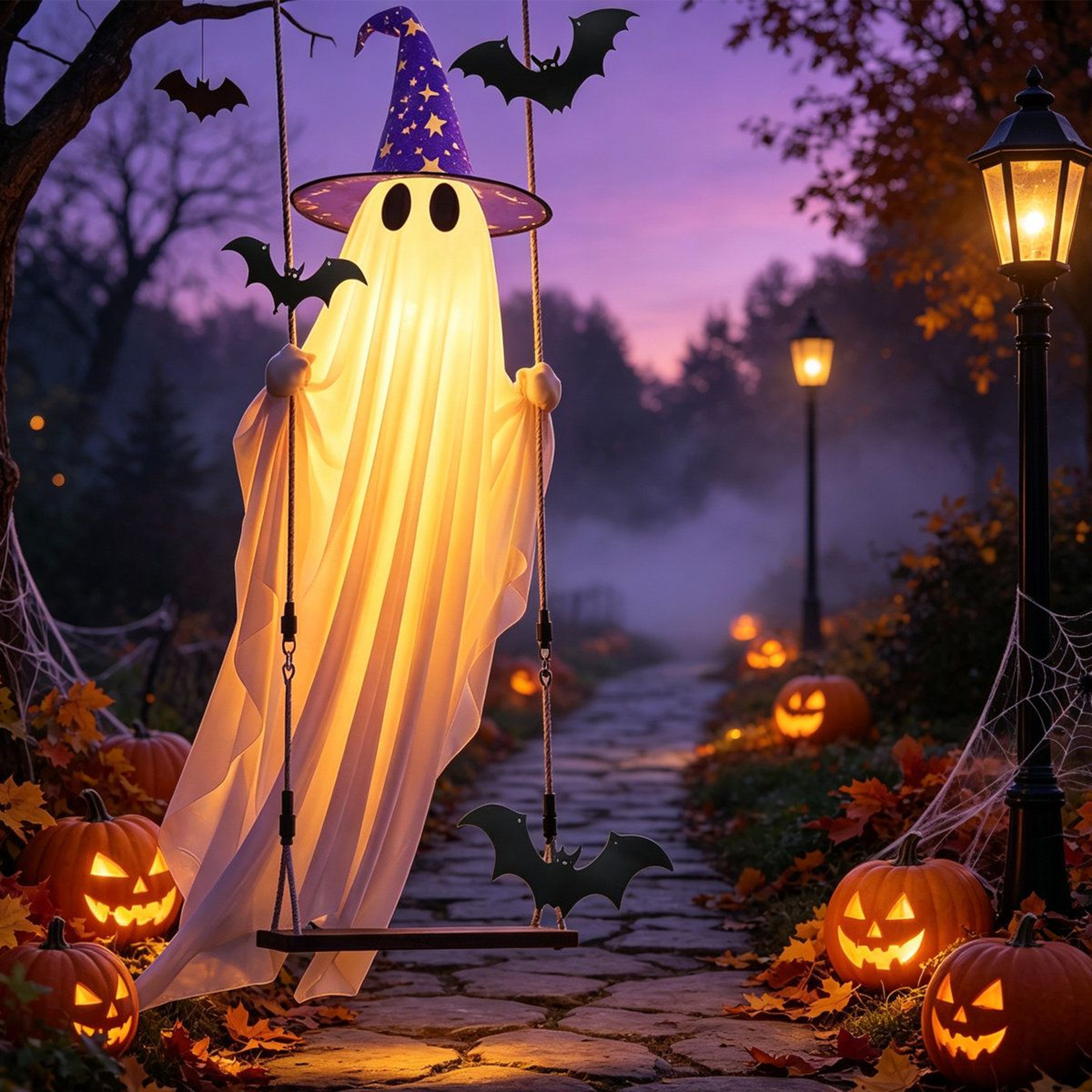 Hanging Ghost Halloween Decoration With LED Lights And Witch Hat 4