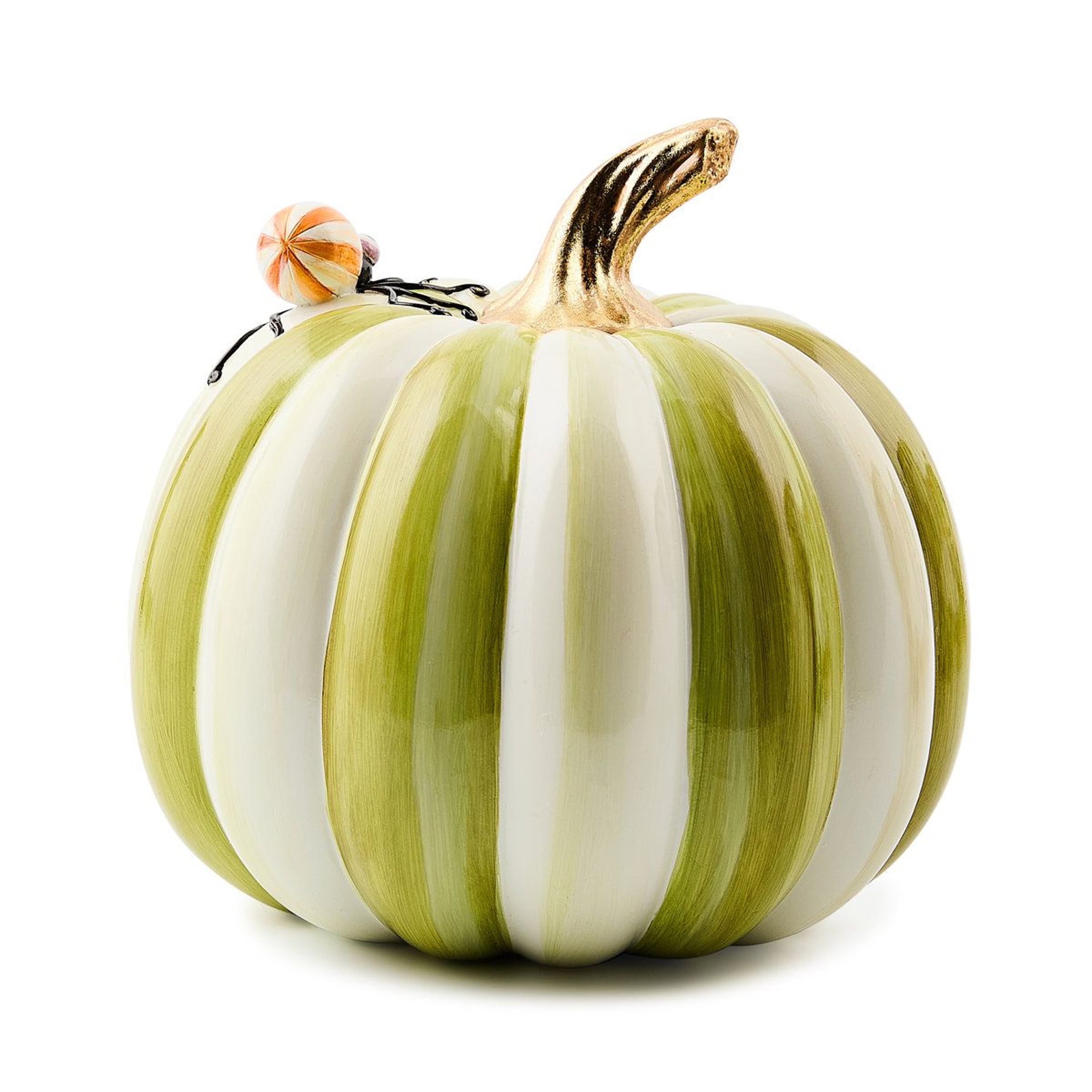Halloween Spider On Moss Stripe Pumpkin Resin Decorative Accent 2