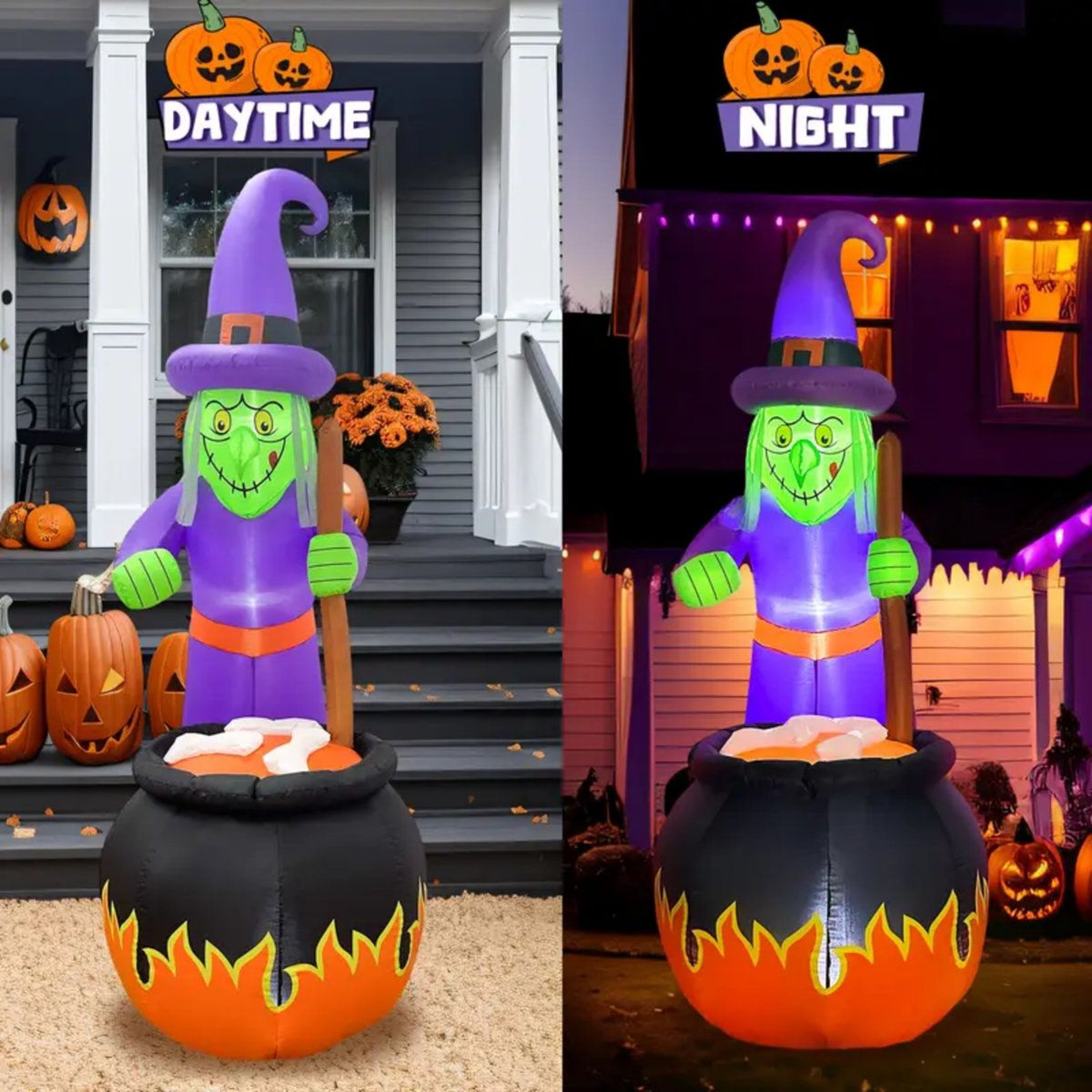 Halloween Inflatable Witches With Cauldron Decoration In Purple 2