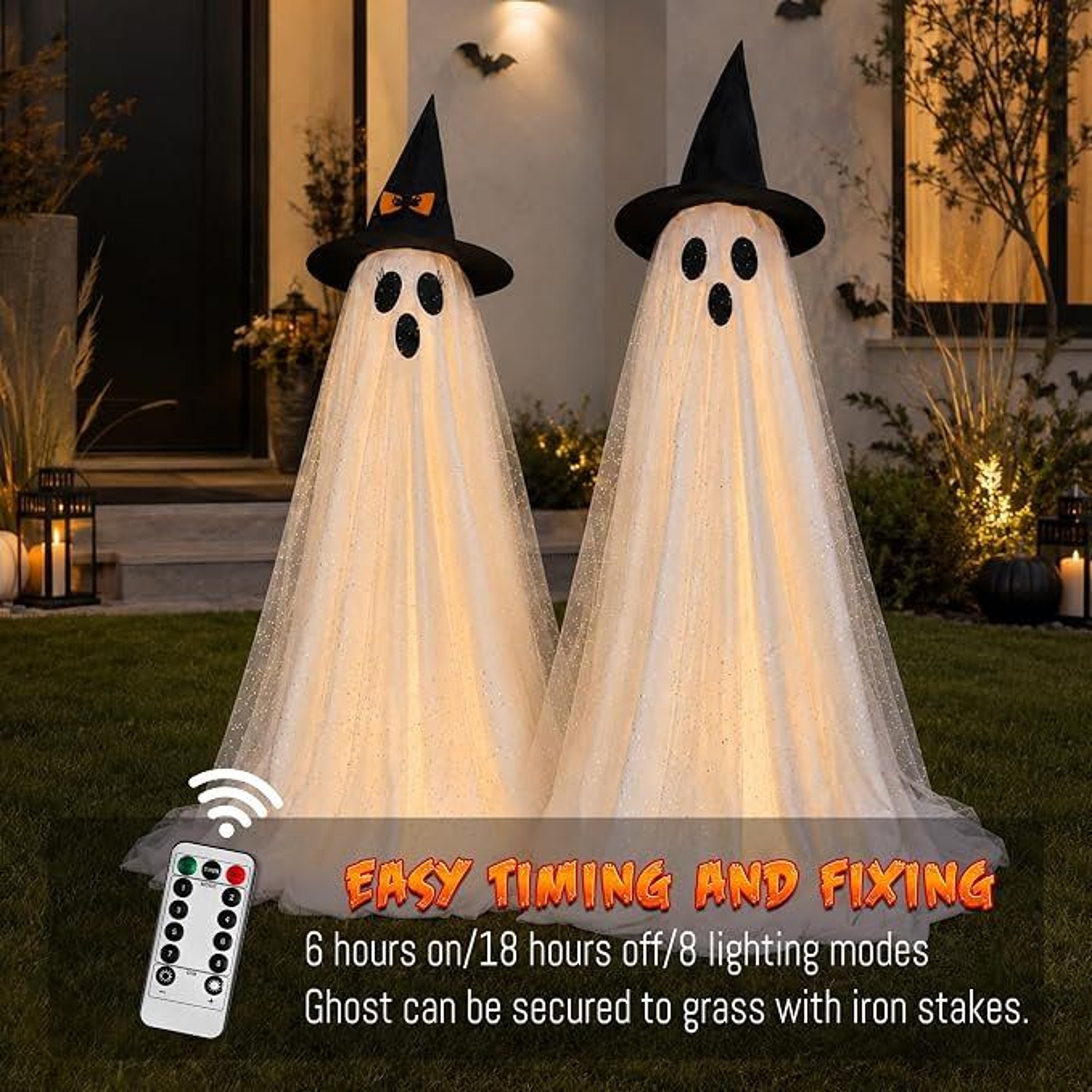 Halloween Lighted Ghost Decorations With Witch Hats And Remote Control 2