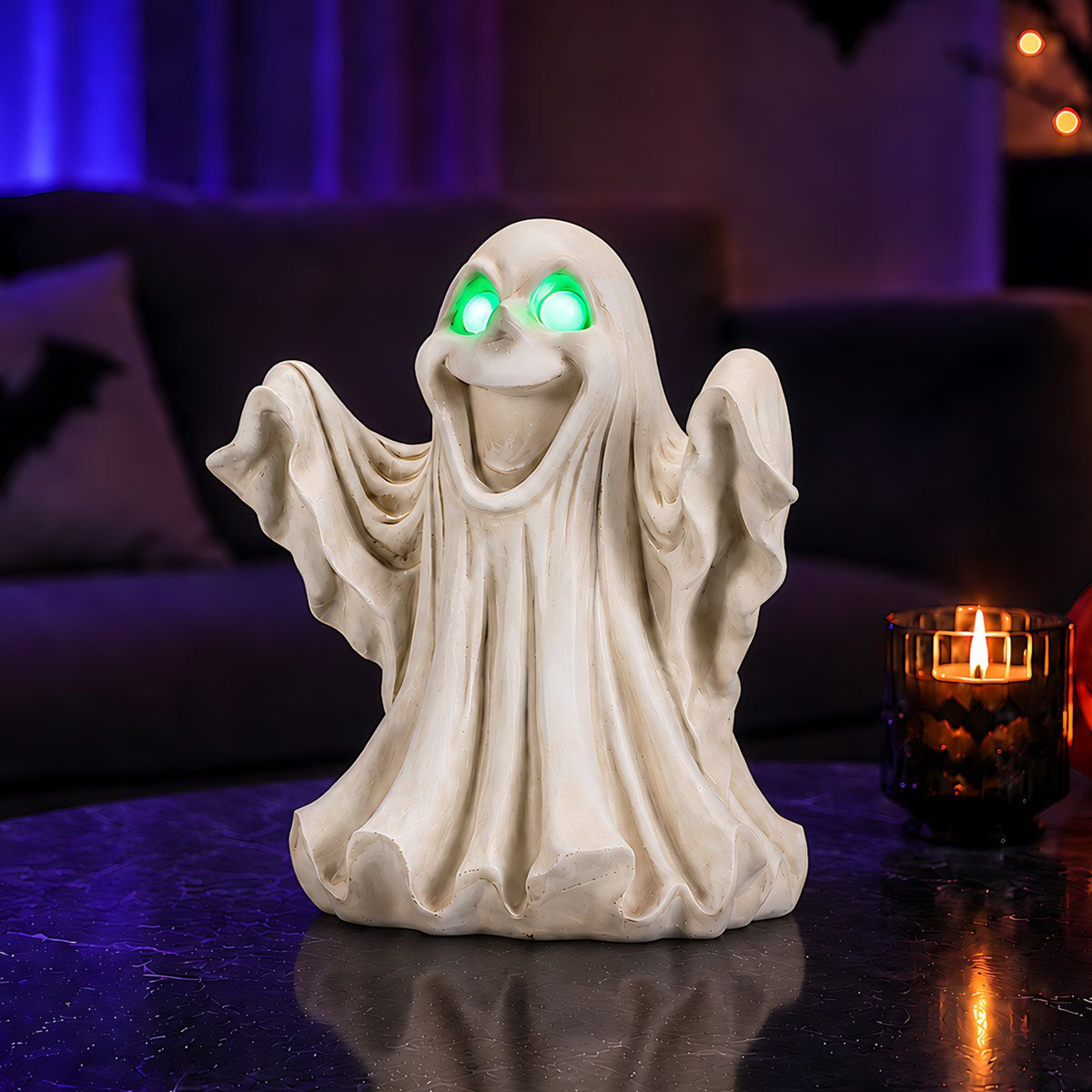 Halloween Ghost Figurine With LED Light Up Glowing Eyes White Resin Decoration 4