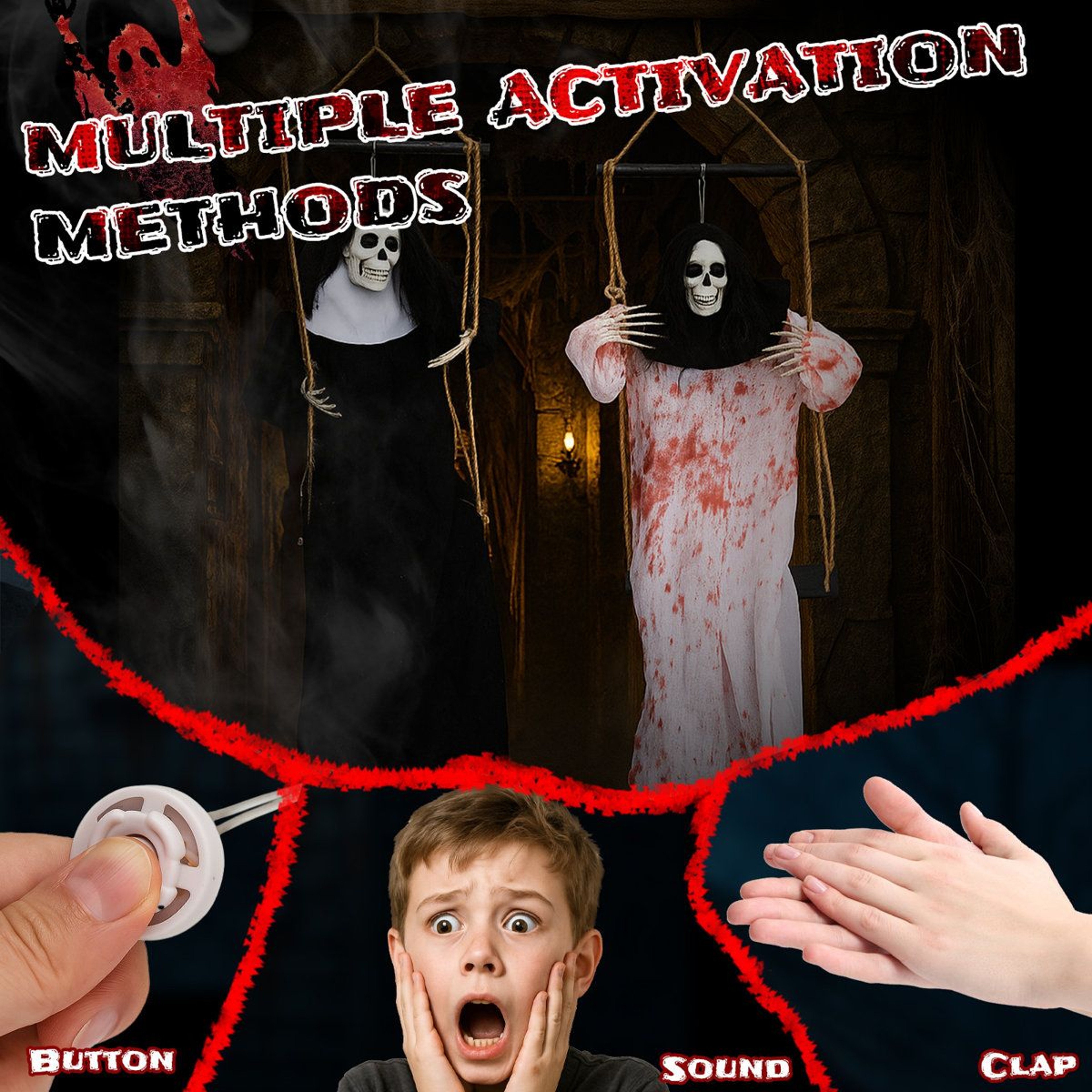 Hanging Grim Reaper Halloween Decorations With Red LED Eyes And Scream Sound 2