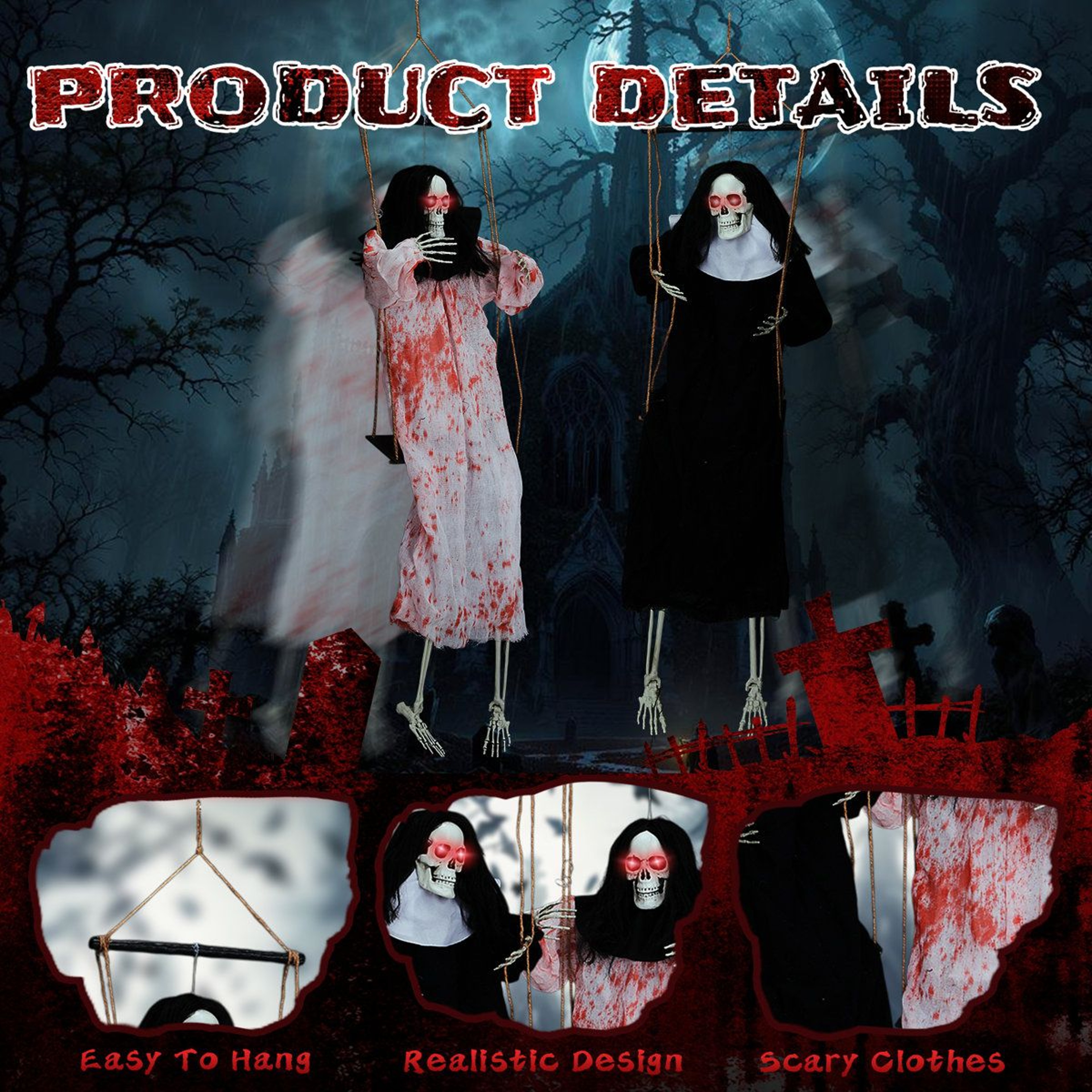 Hanging Grim Reaper Halloween Decorations With Red LED Eyes And Scream Sound 3