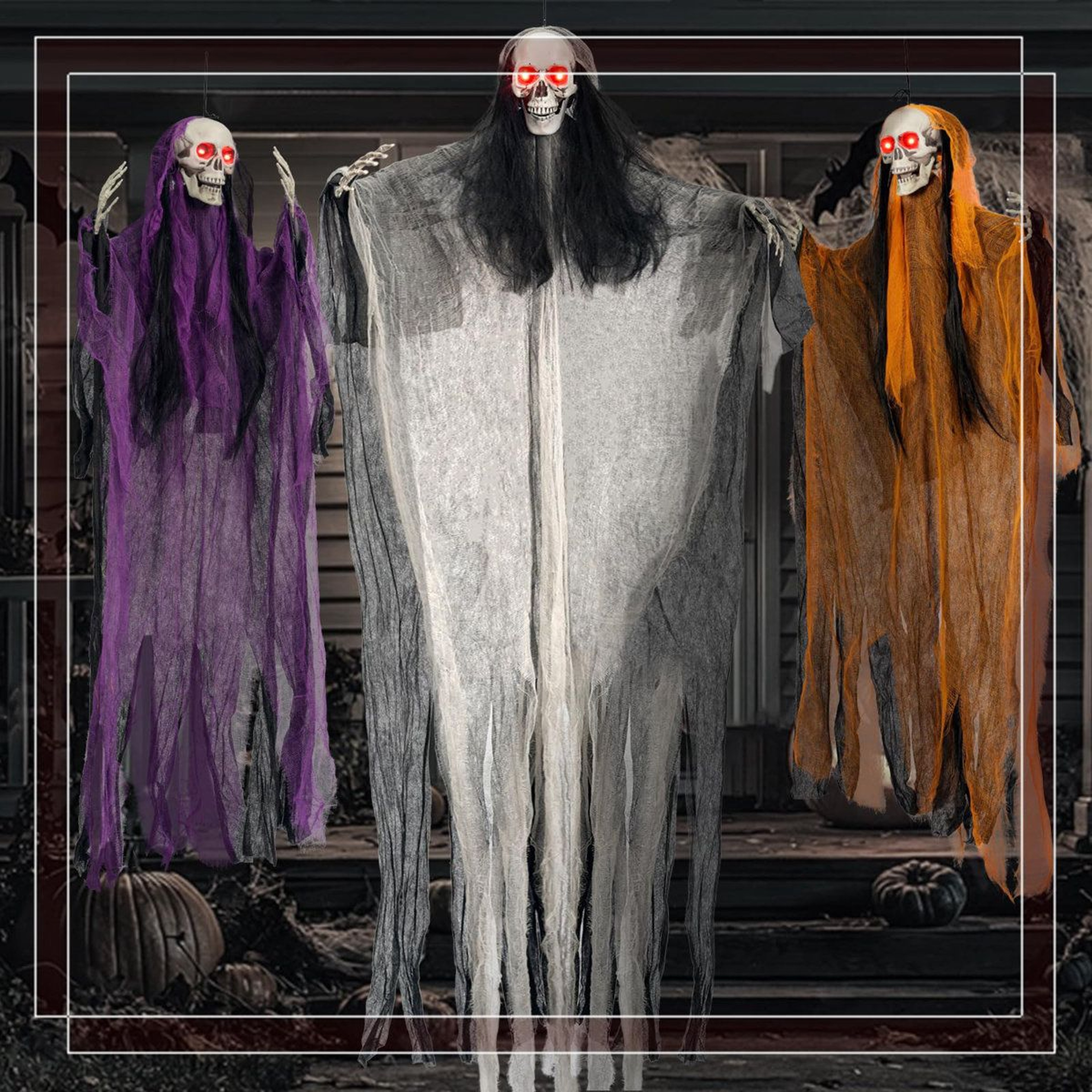 Halloween Light Up Hanging Skeleton Ghost Decorations With Glowing Eyes 0
