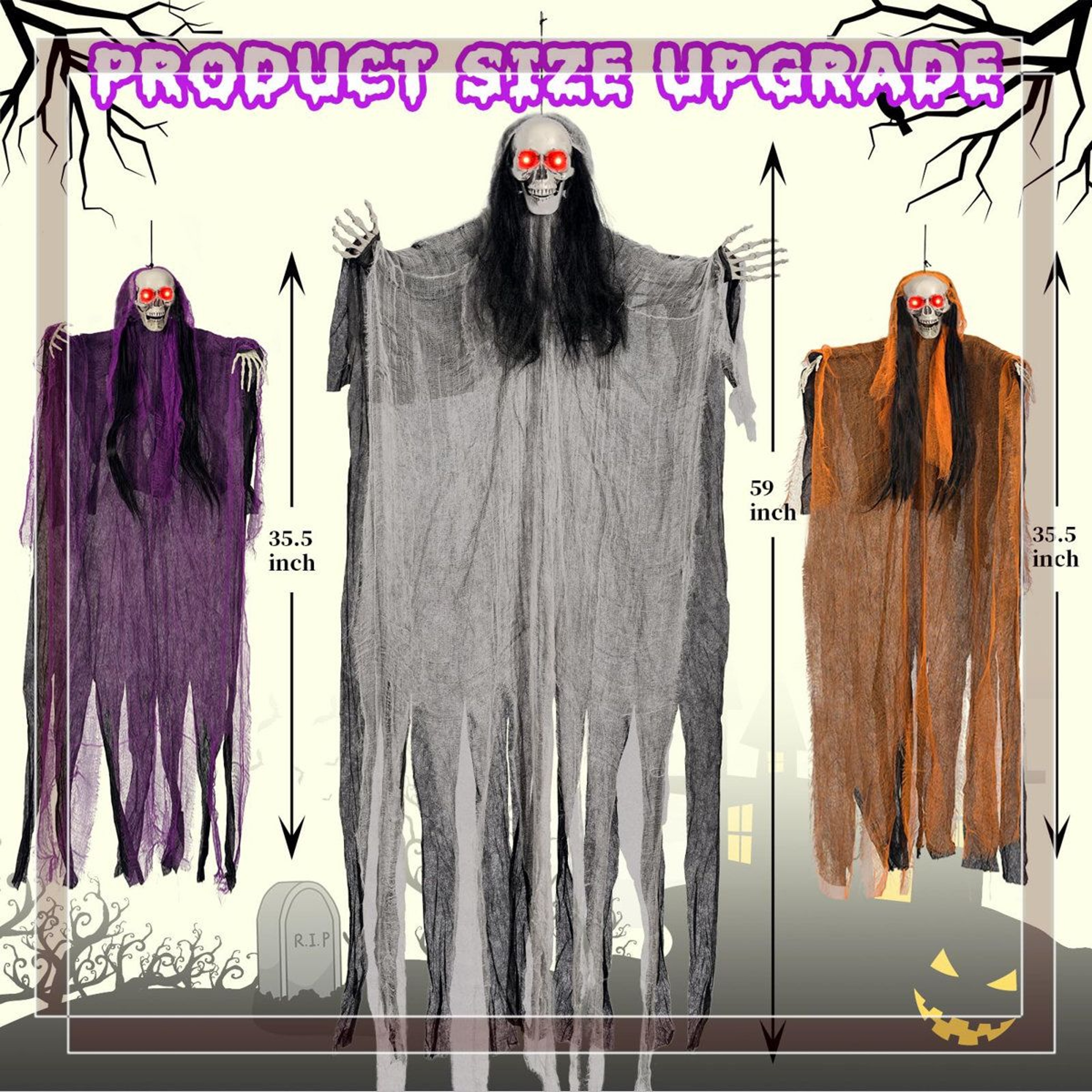 Halloween Light Up Hanging Skeleton Ghost Decorations With Glowing Eyes 5