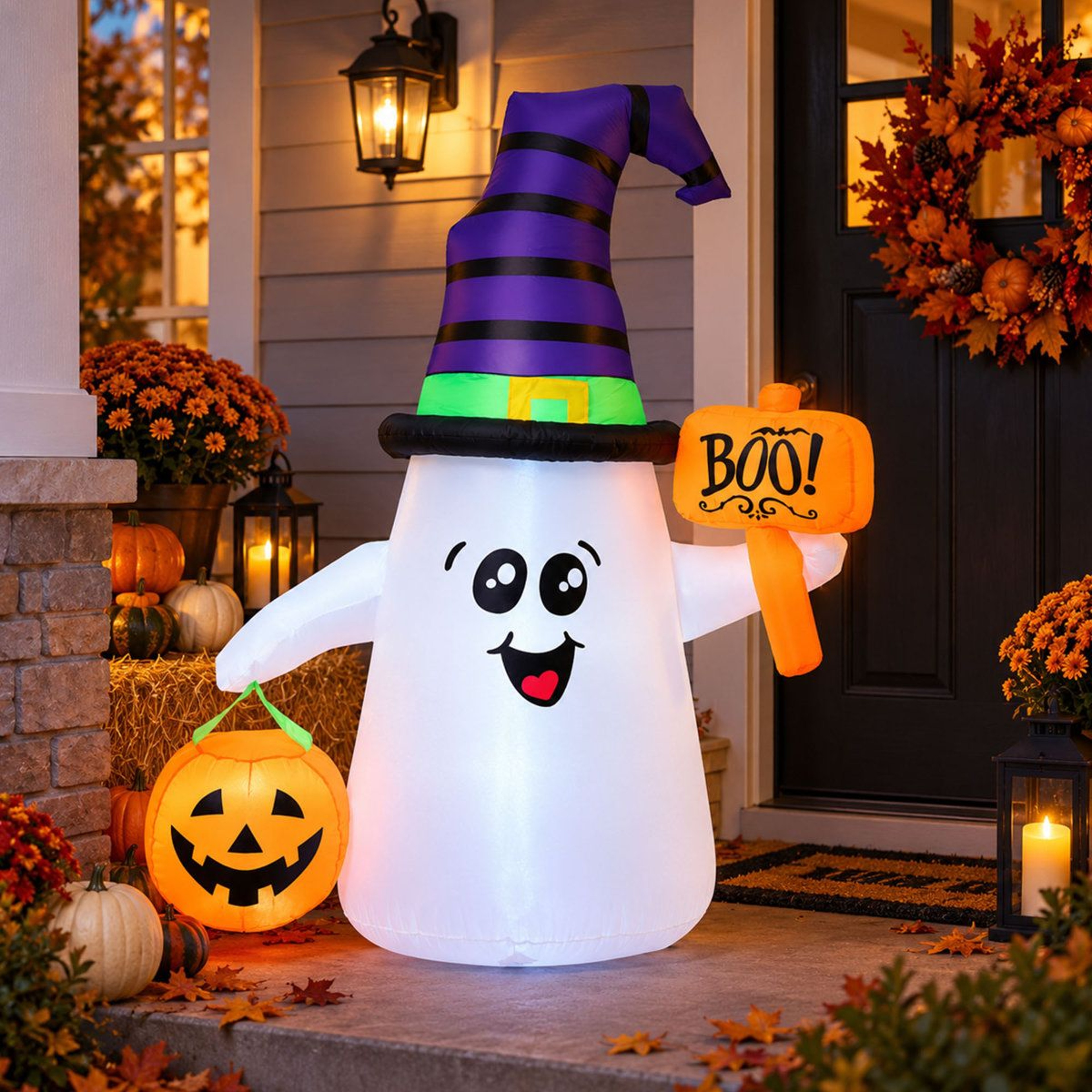 Halloween Inflatable Wizard Ghost With Pumpkin Boo Sign And LED Lights 0
