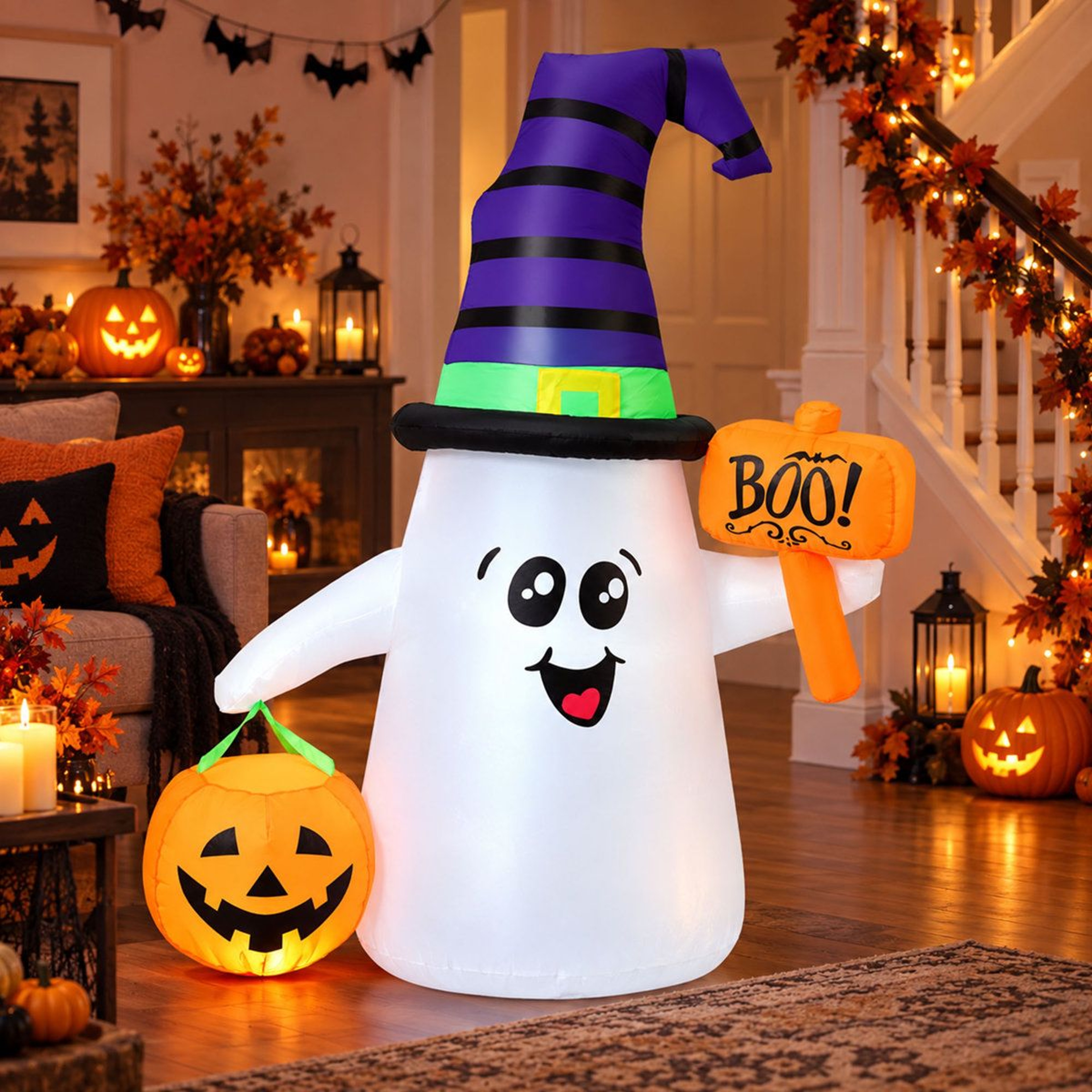 Halloween Inflatable Wizard Ghost With Pumpkin Boo Sign And LED Lights 4