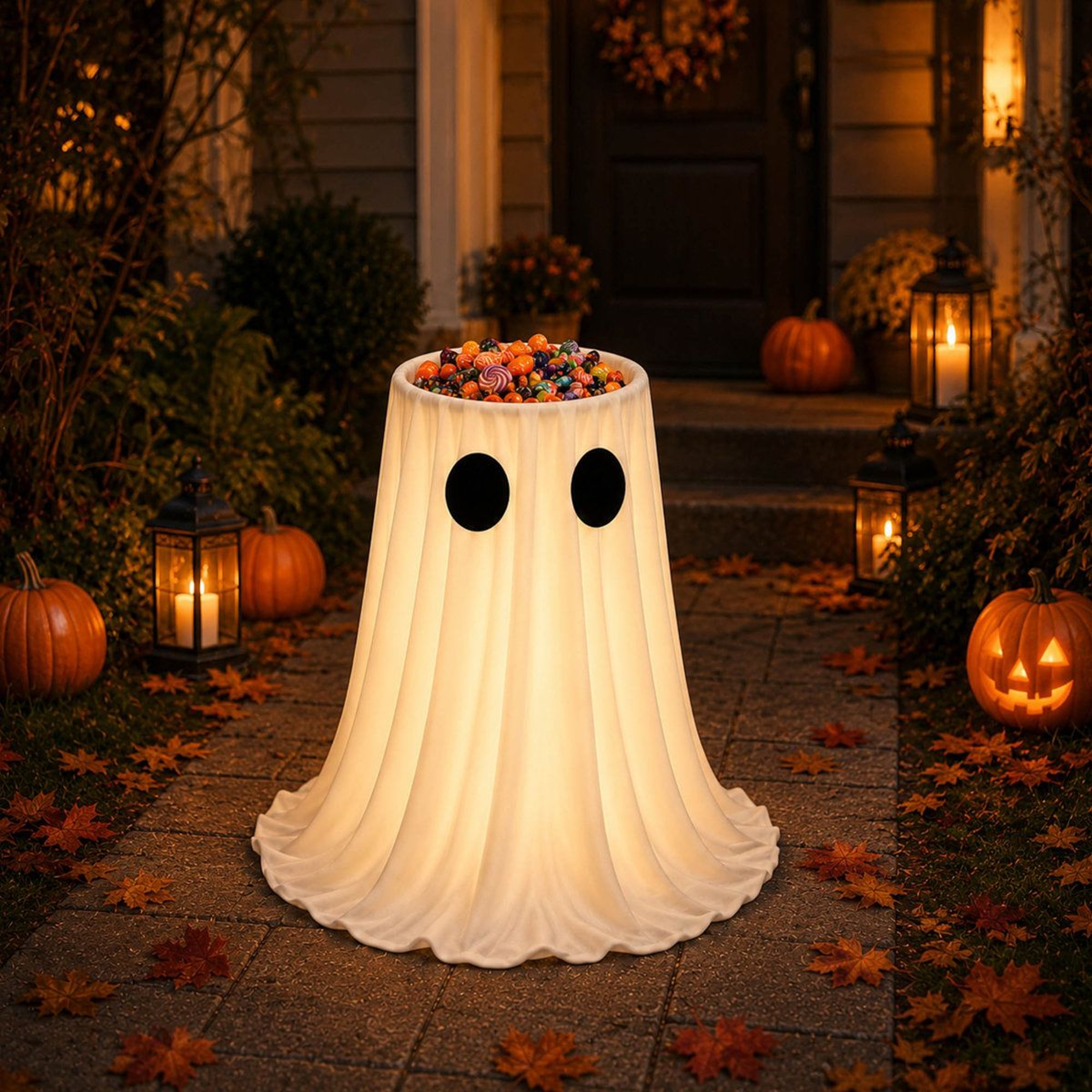 Light Up Halloween Ghost Candy Bowl With LED Lights And Remote Timer 3