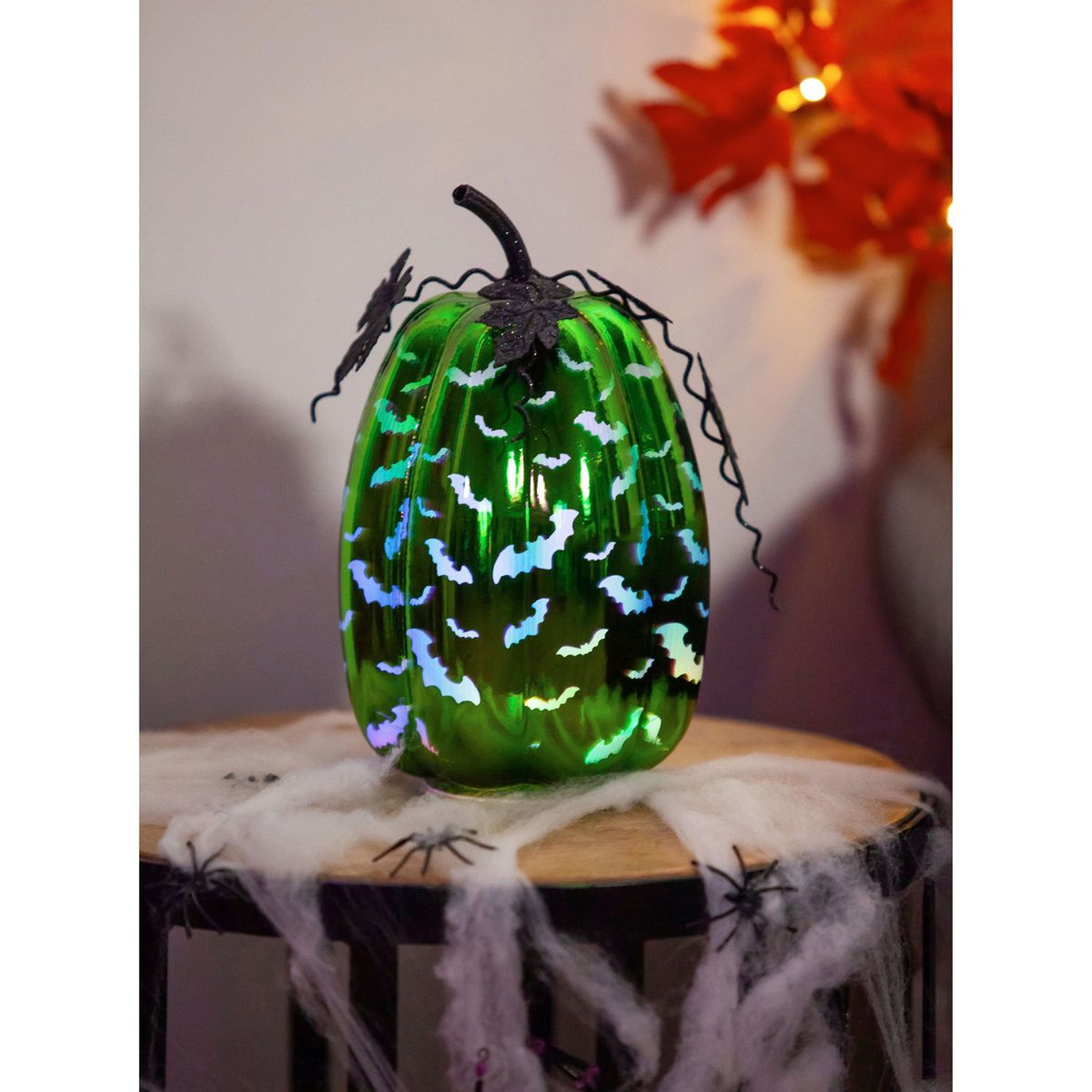 Lighted Green Mercury Glass Pumpkin With Bats And Warm White Lights 0