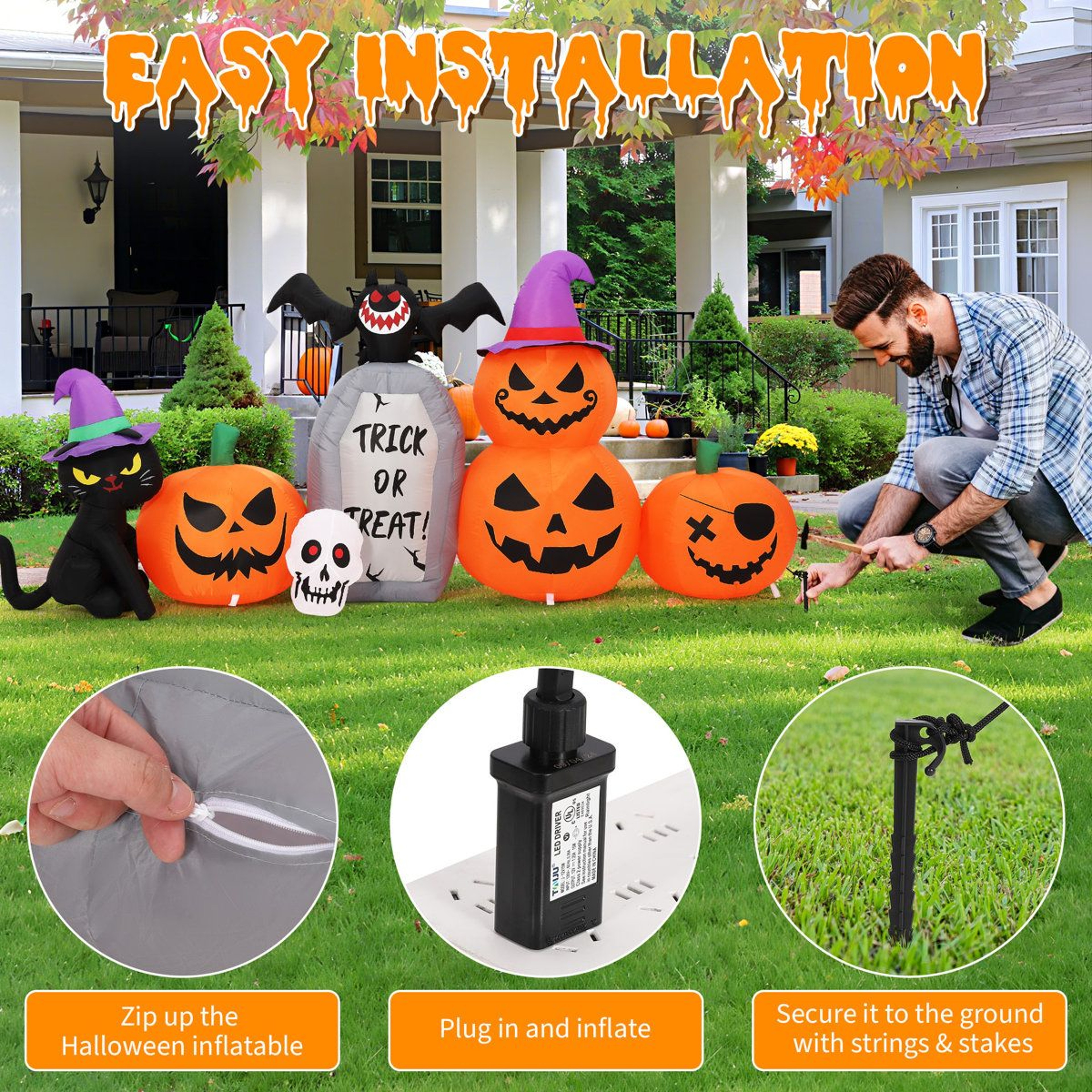 Halloween Inflatable Outdoor Decoration With Pumpkin Black Cat And LED Lights 1