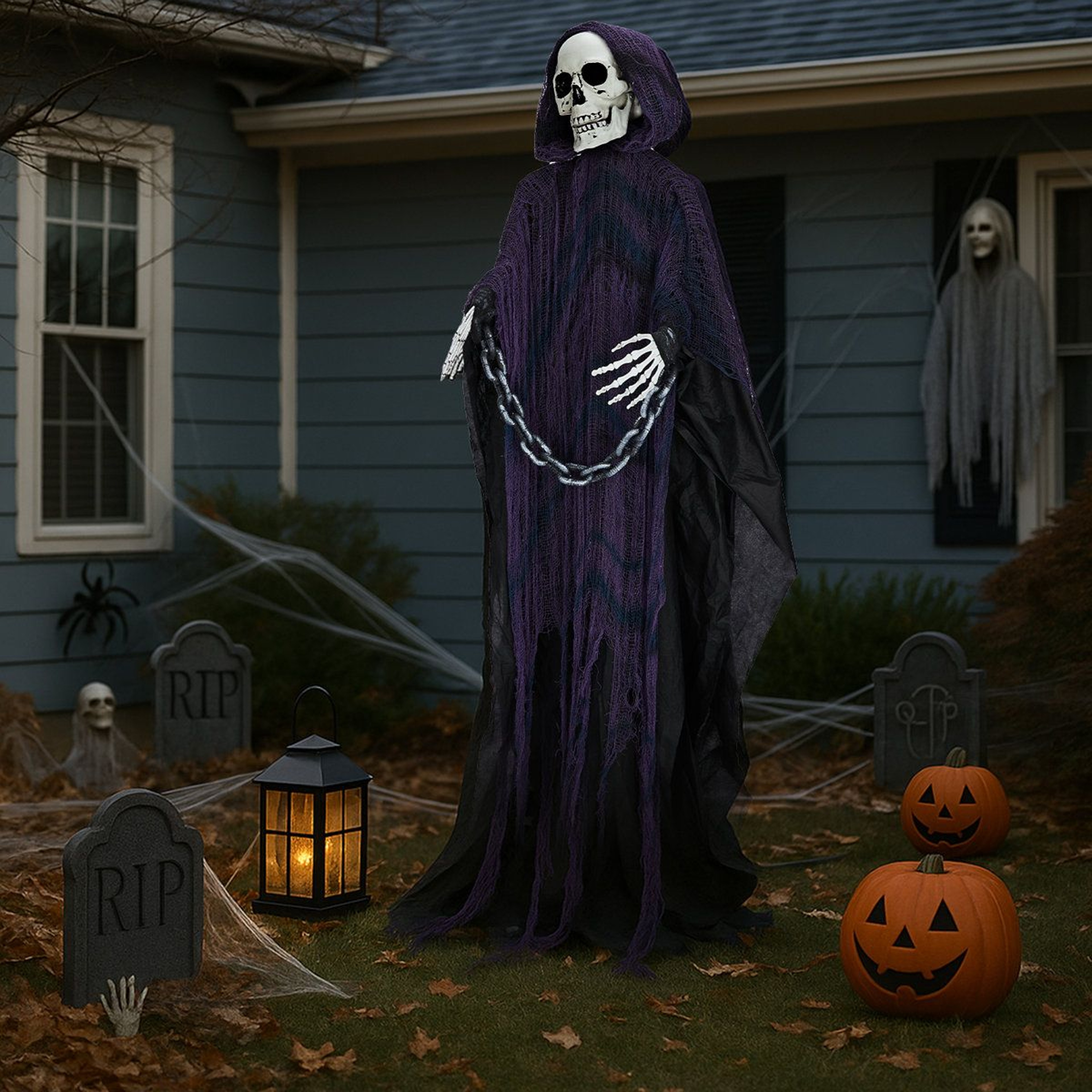 Halloween Animatronic Grim Reaper With Sound Activation And Red LED Eyes 2