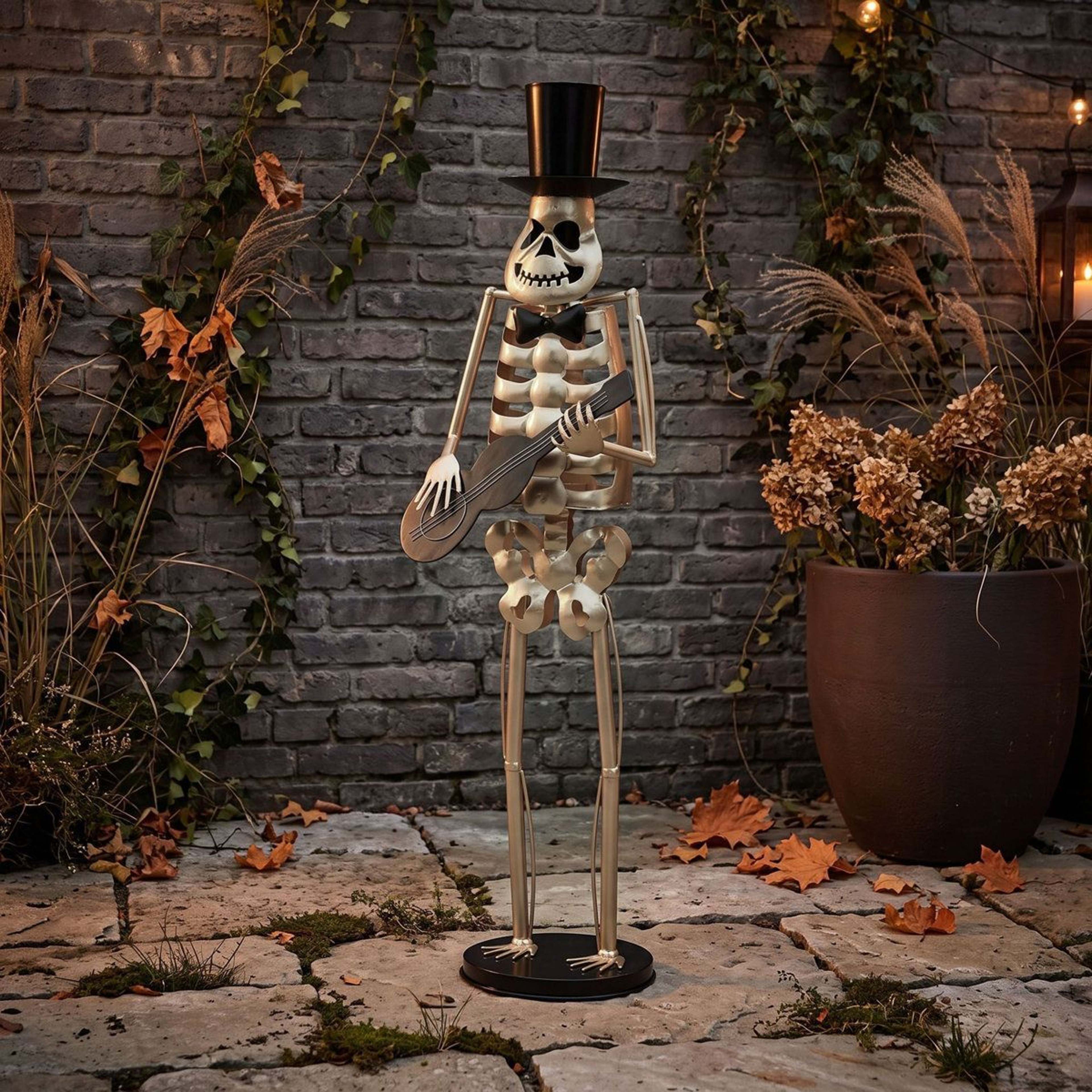 Standing Metal Guitarist Skeleton Statue With Top Hat For Halloween Decor 1