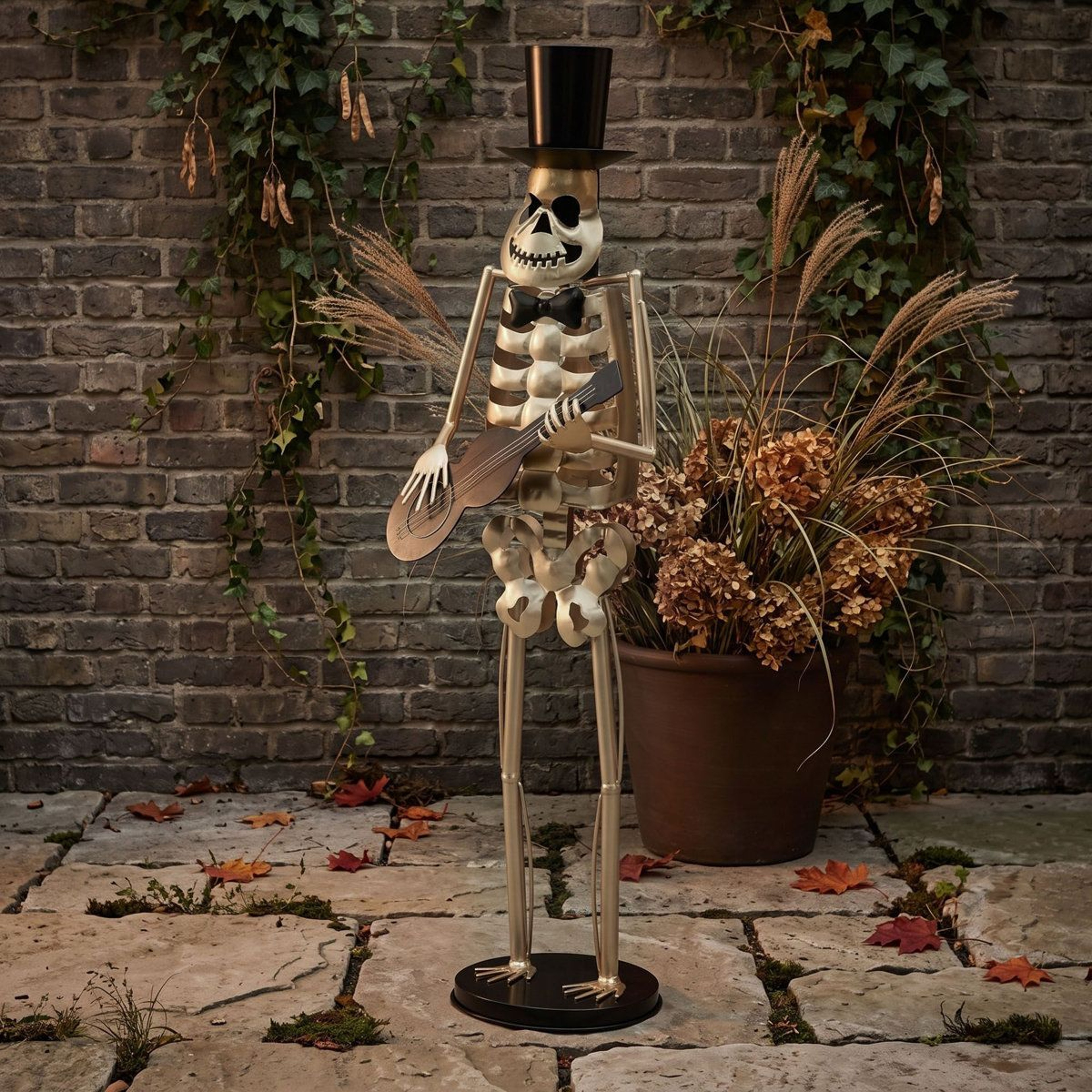 Standing Metal Guitarist Skeleton Statue With Top Hat For Halloween Decor 4