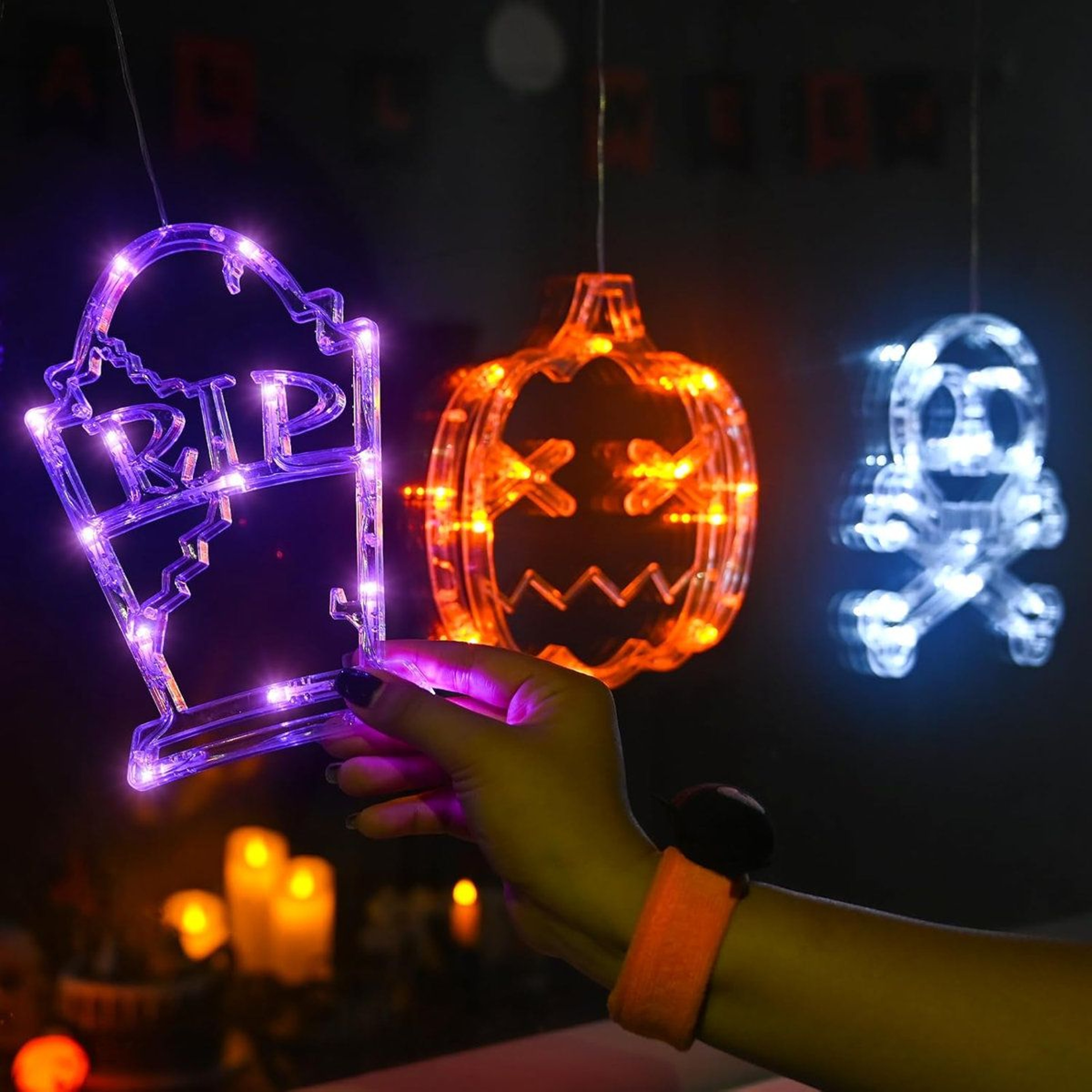 Halloween Window Lights With Pumpkin Skull And Tombstone Designs 0